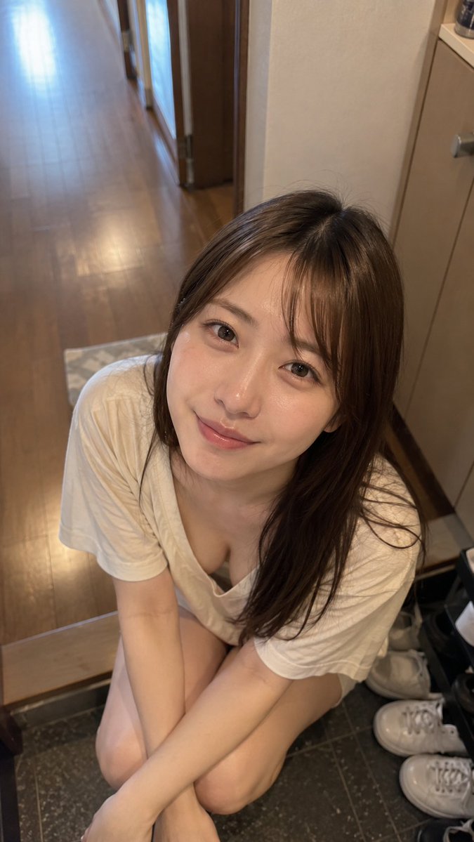 Live_life_style's tweet photo. いってらっしゃい
⏬️プロンプト⏬️
{
  "direction": "縦9:16。日本のマンションの玄関で撮影された超写実的なスマートフォン写真。外出しようとする撮影者が、玄関に座る恋人を真上から見下ろした一人称POV。出かける直前の何気ない会話と親しさが伝わる自然なスナップ。",

  "model": "24歳の架空の日本人成人女性。自然で柔らかい日本人の顔立ち。ダークブラウンの瞳、肩より長いストレートのダークブラウンの髪。",

  "face": "撮影者をまっすぐ見上げ、少し甘えたように微笑んでいる。目元にいたずらっぽい表情。少しだけ首を傾けている。口元には自然な小さな笑み。",

  "skin": "自然な毛穴、産毛、頬の血色、微細な肌の凹凸。肌のテクスチャーを忠実に残したスマートフォン写真。",

  "outfit": "アイボリーの深めVネック・オーバーサイズTシャツ。ゆったりした柔らかいコットン素材。鎖骨周辺が大きく見える自然な襟元。元の服装・露出範囲を厳密に維持。布の自然な落ち感、袖のシワ、肩のゆるみ。",

  "pose": "女性は玄関の上がり框に腰掛けている。両手を膝の上に軽く重ね、上半身を少し前へ傾けて撮影者を見上げる。姿勢は自然で肩の力が抜けている。",

  "camera": "撮影者は女性のすぐ前に立ち、スマートフォンを床方向へ向ける。極端なハイアングルの一人称POV。26mm広角レンズ相当。顔まで約70cm。顔、肩、鎖骨、Tシャツの上半身が自然に写る。",

  "lighting": "夕方の自然光が玄関の開いたドアから差し込み、室内の暖色照明と混ざる。顔は柔らかく照らされ、床には自然な陰影ができる。",

  "background": "一般的な日本のマンションの玄関。木目の床、ベージュの壁、スニーカー、シンプルな靴箱、玄関ドア。生活感を残した普通の室内。",

  "composition": "縦9:16。女性の顔を画面中央に配置。上半身と襟元が自然に写る距離。玄関の床とドアが背景に入る。撮影者自身は写らない。",

  "imperfections": "少し乱れた髪、自然なTシャツのシワ、玄関床の小さな使用感、わずかなレンズ歪み、左右非対称の微笑み。",

  "atmosphere": "出勤前に恋人が玄関まで見送りに来た場面。特別なポーズではなく、何気なく見上げた表情に親密さが感じられる。",

  "negative": "服装変更、過剰な肌の露出、人工的な美肌、不自然な骨格、スタジオ照明、強すぎるボケ、広告的な演出、不自然な手指、CG感"
}
偏りのない色、三分割法の構図、肌の質感を保持、自然光の単灯による影、f1.8の背景ボケ、スマホで撮った日常のスナップショット、無加工、画面内に文字なし