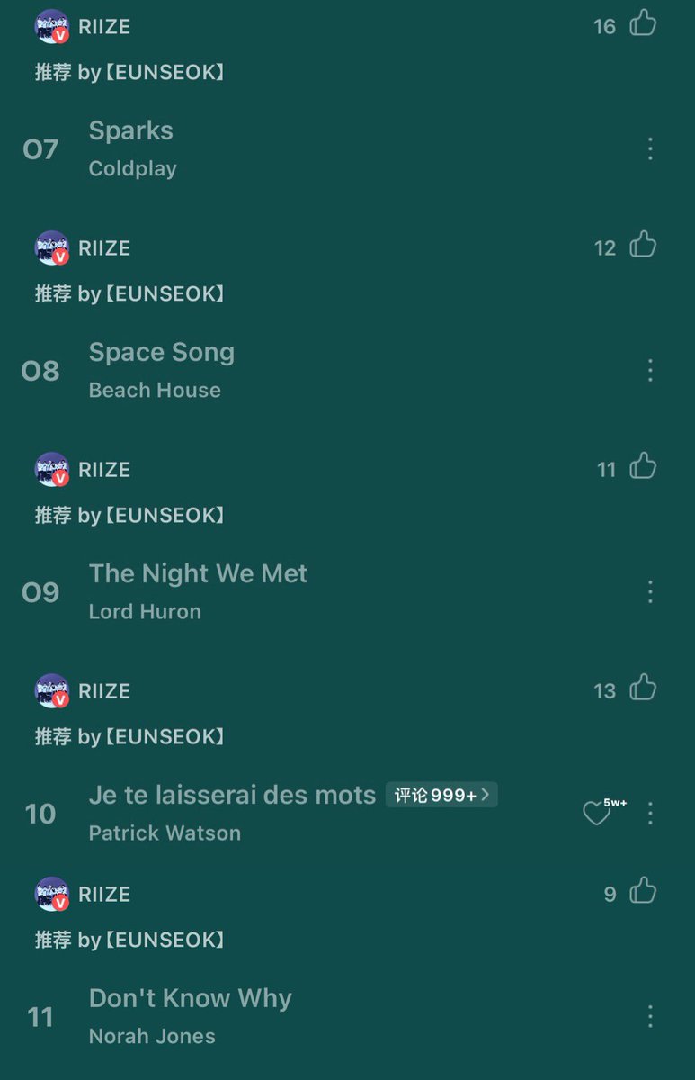 ddiringes's tweet photo. qq 뮤직 추천곡 #은석

Sparks - Coldplay 
Space Song - Beach House 
The Night We Met - Lord Huron 
Je te laisserai des mots - Patrick Watson
Don't Know Why - Norah Jones https://t.co/1n5pXoT2Hc