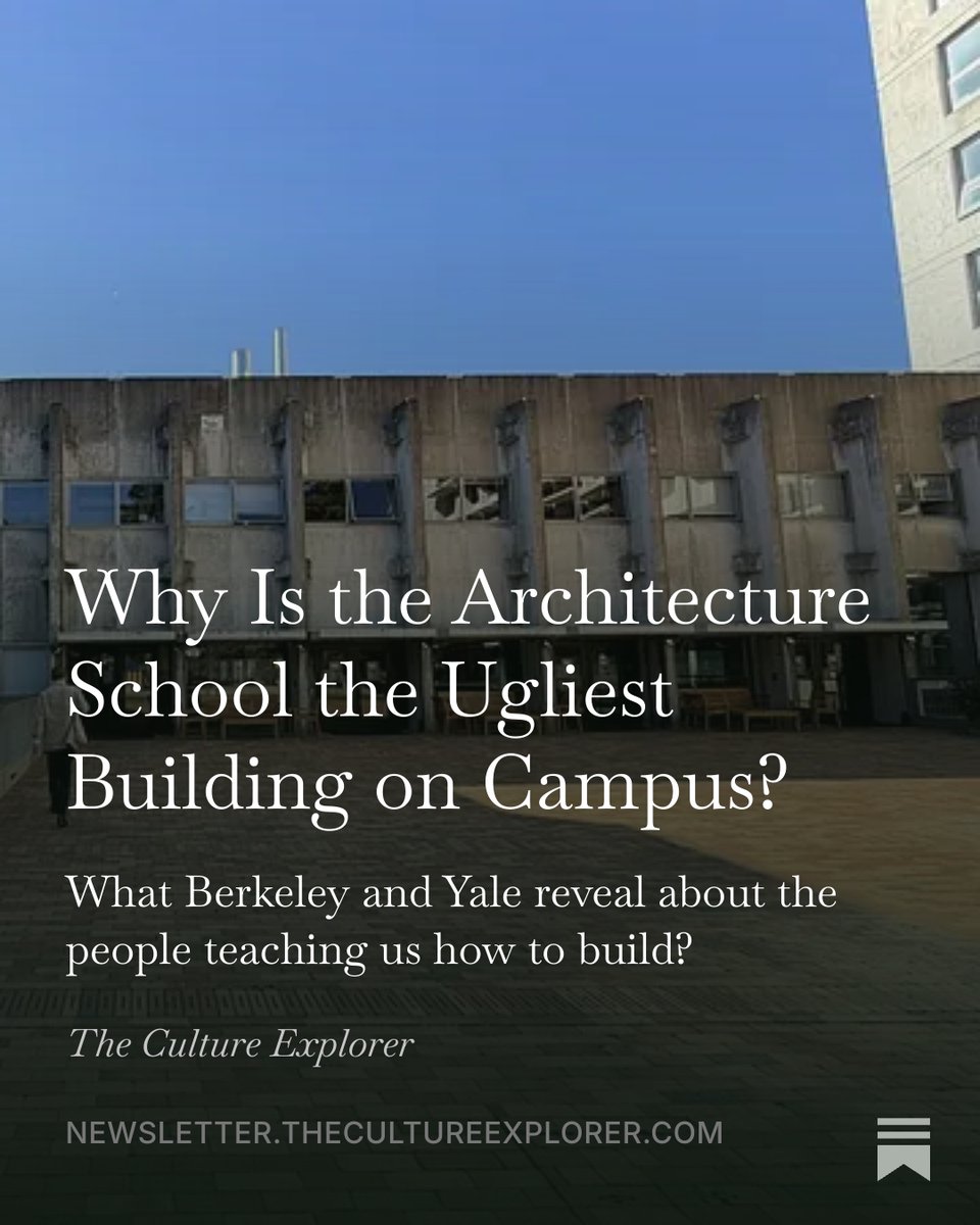 CultureExploreX's tweet photo. On a visit to UC Berkeley, I admired its beautiful hillside campus, then discovered that one of its ugliest buildings housed the #2 nation ranked architectural school. 

Its appearance was deliberate: the founding dean wanted “a ruin that no regent would like.” 

Yale’s Rudolph Hall raises the same uncomfortable question about what architecture schools teach students to value. 

Ruskin and Scruton have explained why beauty matters to the people who inherit buildings and live beside them. 

We should care because the judgments formed inside these schools eventually shape the streets we walk and the view from our homes. 

Read the full article in The Culture Explorer newsletter and consider whether architects are learning to build places people love or explain why they should accept less.

https://t.co/Hc731pNBLa