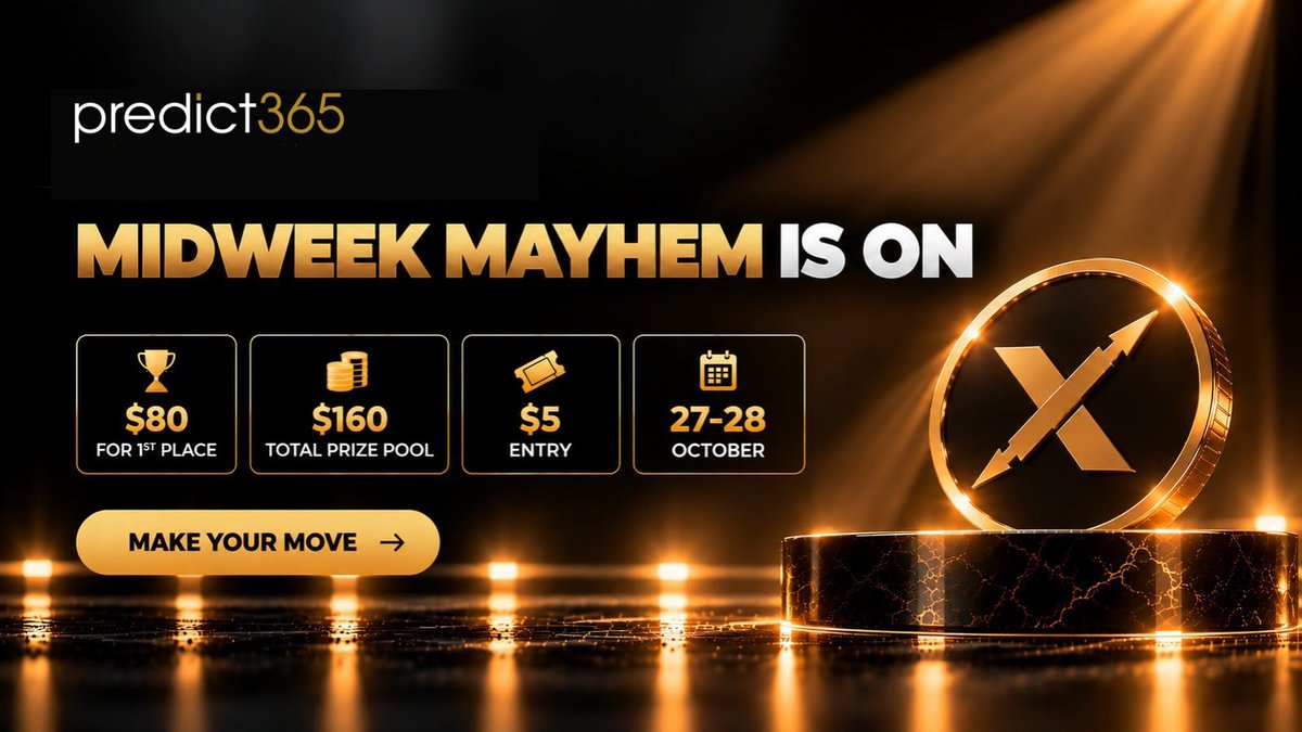 predict_365's tweet photo. Midweek Mayhem is ON

The leaderboard is live, and the race for the top spot is underway.

💰 $160 prize pool
🥇 $80 for 1st place
🎟️ $5 entry

Ready to compete? Make your move before the tournament ends on 28 October.

Join here: https://t.co/45rs7LyZfh

#Predict365 #RapidXRush #MidweekMayhem