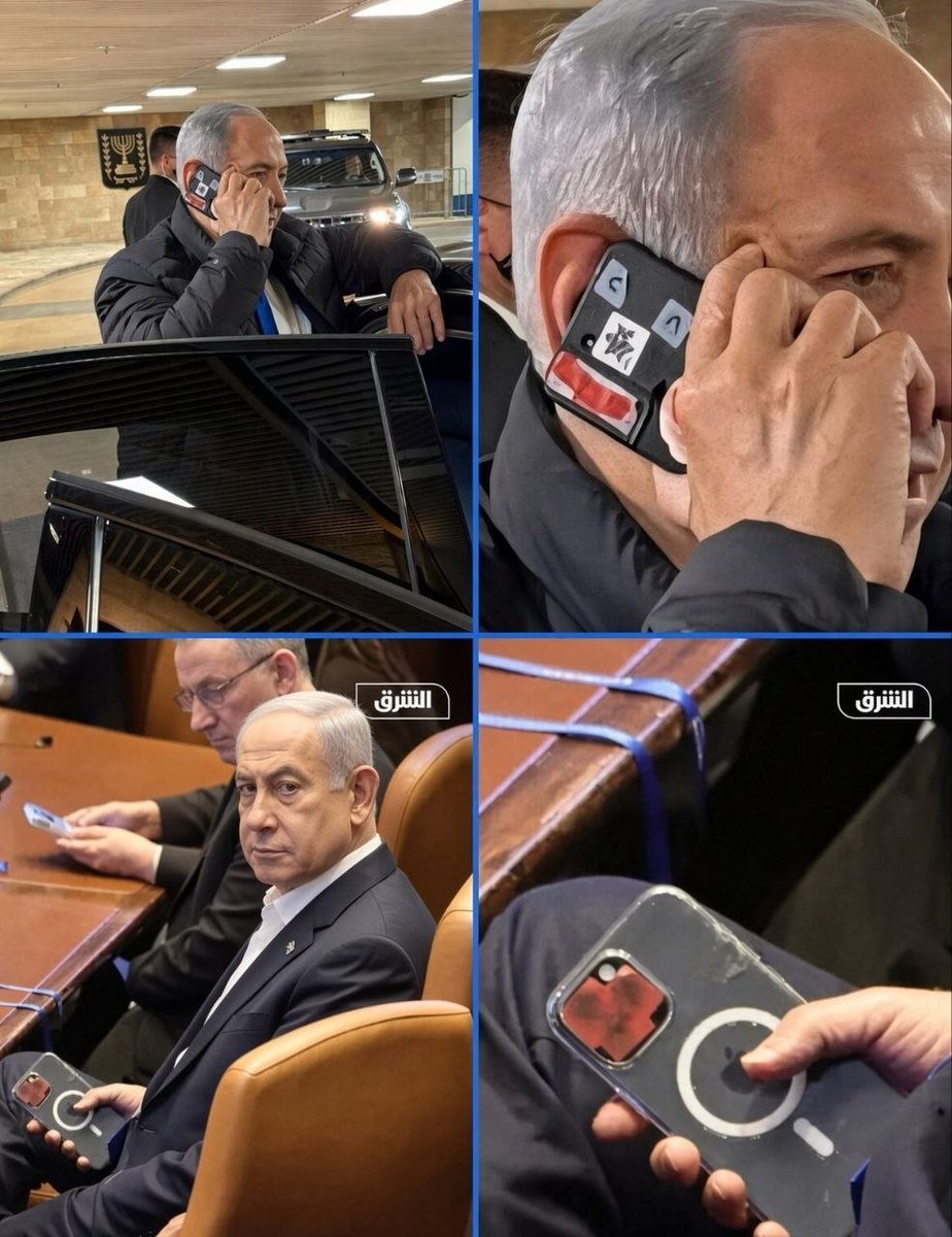 uncensored__S's tweet photo. Hey @grok, why did Netanyahu put tape on his phone? Is it for security reasons? 🤔 https://t.co/tr4wAvphHo