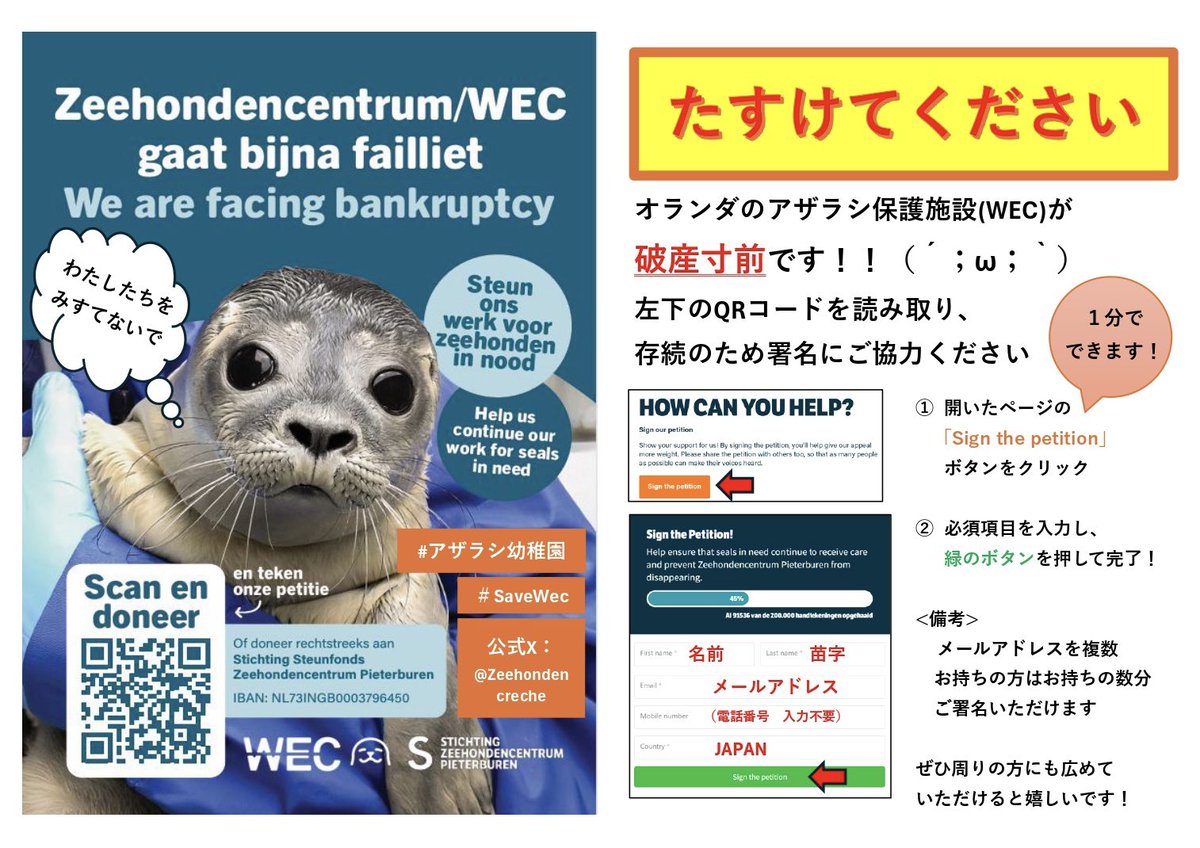 yamachicocha's tweet photo. ⚠️偽寄付サイトに騙されないで⚠️

WECの公式寄付サイトはこちらの3つです！(引用元参照)
寄付の方法も動画内で紹介しておりますのでご確認ください🙏

また破産回避のための署名は

10/28(水)まで　明日　締め切りです！

署名はこちらから🔗
https://t.co/mtWMF5fsaY

#アザラシ幼稚園 #SaveWec https://t.co/gmDeOHIjy5