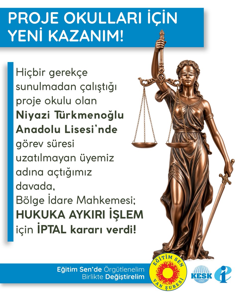 EgitimSenVan's tweet photo. Hiçbir gerekçe sunulmadan çalıştığı proje okulu olan Niyazi Türkmenoğlu Anadolu Lisesinde  görev süresi uzatılmayan üyemiz adına açtığımız davada, Bölge İdare Mahkemesi; hukuka aykırı işlem için İPTAL kararı verdi!
Keyfi uygulamalara, liyakatsizliğe ve haksızlığa karşı mücadelemizi kararlılıkla sürdüreceğiz. Emeğin ve adaletin sesi olmaya devam ediyoruz!

@egitimsen