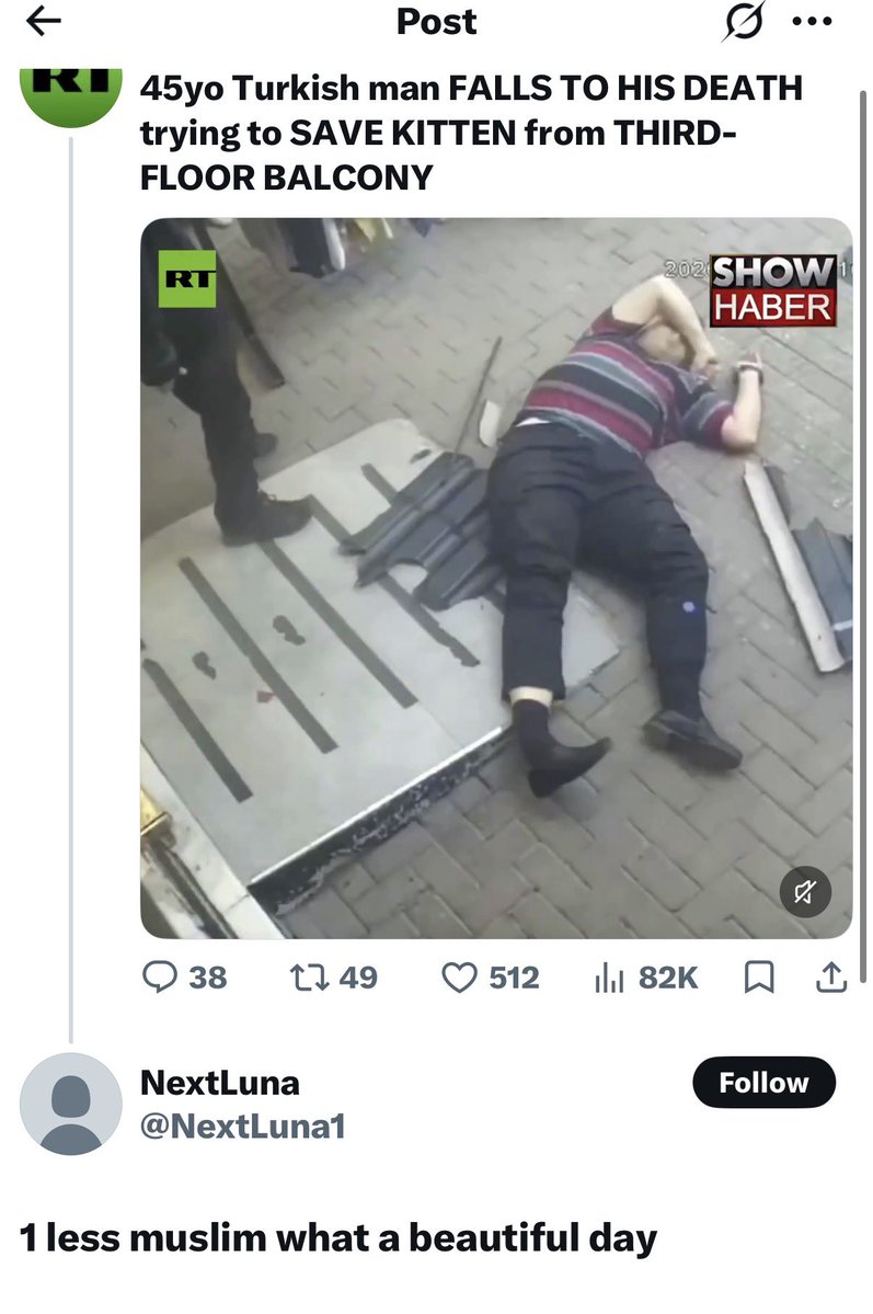TurkishArc's tweet photo. A Turkish man lost his life trying to save a kitten. His last act was pure kindness.

These accounts responded by celebrating his death with anti-Turkish hate.

He showed more humanity in his final moments than they ever will. https://t.co/Svihs2ixgN
