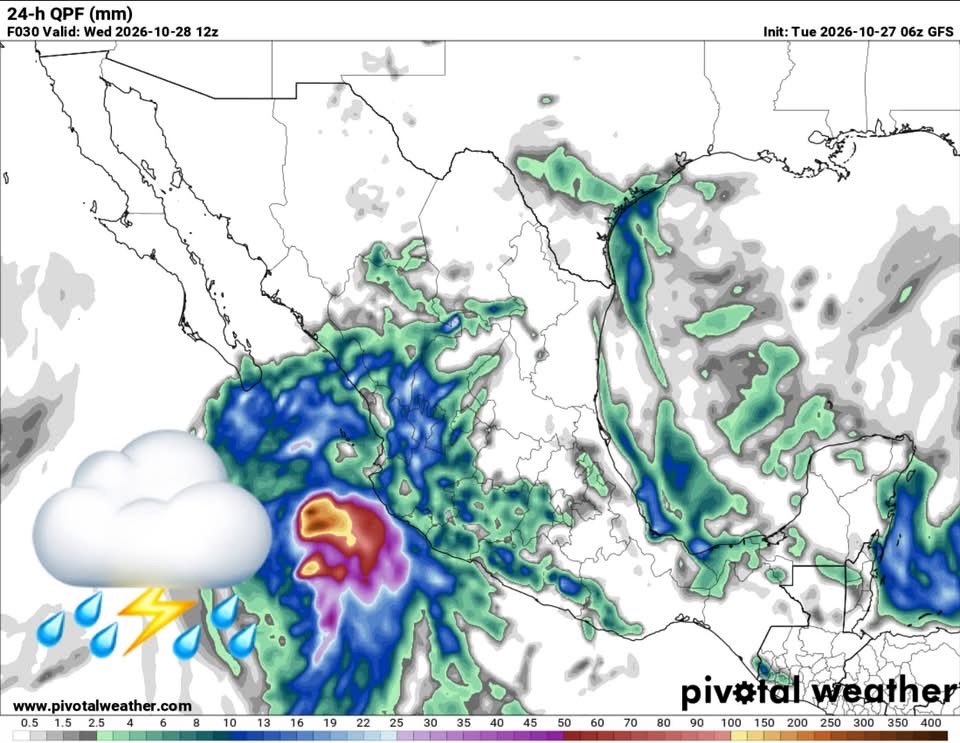 InfoMeteoro's tweet photo. ✅PRONÓSTICO MARTES 27/OCT/2026

“Humedad de la tormentas #Vance y vaguadas ocasionarán lluvias dispersas concentradas en occidente; las temperaturas seguirán variando…”

⛈️LLUVIAS/TORMENTA C/GRANIZO⬇️

🟠EVENTOS DISPERSOS FUERTES
-Sin, Dgo, Zac, Ags, Nay, Jal, Col, Mich, EdoMex, Gro

🟡EVENTOS AISLADOS FUERTES
-BCS, Chih, Coah, NL, Tamps, SLP, Gto, Qro, Hgo, CDMX, Mor, Pue, Tlax, Ver, Oax, Tab, Chis, Camp, Yuc, QRoo

🌡️AMBIENTE DIURNO☀️
🥵36-40ºC Son, Sin, Nay
😅30-35ºC sureste, noreste, oriente, noroeste, Pacífico
😅25-29ºC occidente, norte
😌15-25ºC centro (Bajío - Valle de Mex)

🌬️RÁFAGAS DE VIENTO km/h
>50 km/h Istmo y Pacífico Occidente 
25-50 noreste, Sur del Golfo de México, costas de península de Yucatán