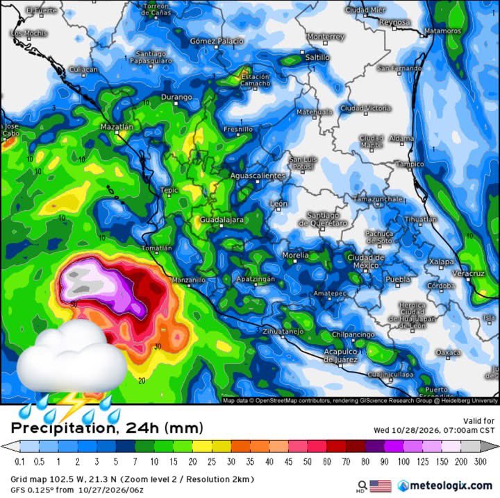InfoMeteoro's tweet photo. ✅PRONÓSTICO MARTES 27/OCT/2026

“Humedad de la tormentas #Vance y vaguadas ocasionarán lluvias dispersas concentradas en occidente; las temperaturas seguirán variando…”

⛈️LLUVIAS/TORMENTA C/GRANIZO⬇️

🟠EVENTOS DISPERSOS FUERTES
-Sin, Dgo, Zac, Ags, Nay, Jal, Col, Mich, EdoMex, Gro

🟡EVENTOS AISLADOS FUERTES
-BCS, Chih, Coah, NL, Tamps, SLP, Gto, Qro, Hgo, CDMX, Mor, Pue, Tlax, Ver, Oax, Tab, Chis, Camp, Yuc, QRoo

🌡️AMBIENTE DIURNO☀️
🥵36-40ºC Son, Sin, Nay
😅30-35ºC sureste, noreste, oriente, noroeste, Pacífico
😅25-29ºC occidente, norte
😌15-25ºC centro (Bajío - Valle de Mex)

🌬️RÁFAGAS DE VIENTO km/h
>50 km/h Istmo y Pacífico Occidente 
25-50 noreste, Sur del Golfo de México, costas de península de Yucatán