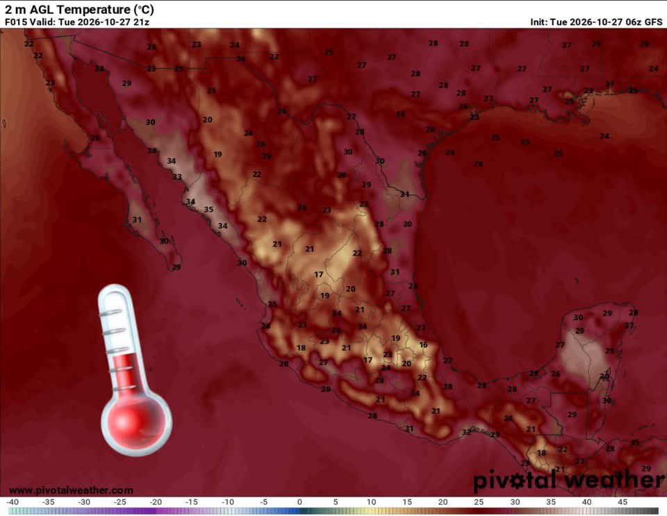 InfoMeteoro's tweet photo. ✅PRONÓSTICO MARTES 27/OCT/2026

“Humedad de la tormentas #Vance y vaguadas ocasionarán lluvias dispersas concentradas en occidente; las temperaturas seguirán variando…”

⛈️LLUVIAS/TORMENTA C/GRANIZO⬇️

🟠EVENTOS DISPERSOS FUERTES
-Sin, Dgo, Zac, Ags, Nay, Jal, Col, Mich, EdoMex, Gro

🟡EVENTOS AISLADOS FUERTES
-BCS, Chih, Coah, NL, Tamps, SLP, Gto, Qro, Hgo, CDMX, Mor, Pue, Tlax, Ver, Oax, Tab, Chis, Camp, Yuc, QRoo

🌡️AMBIENTE DIURNO☀️
🥵36-40ºC Son, Sin, Nay
😅30-35ºC sureste, noreste, oriente, noroeste, Pacífico
😅25-29ºC occidente, norte
😌15-25ºC centro (Bajío - Valle de Mex)

🌬️RÁFAGAS DE VIENTO km/h
>50 km/h Istmo y Pacífico Occidente 
25-50 noreste, Sur del Golfo de México, costas de península de Yucatán