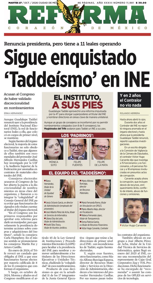 bereaguilarv's tweet photo. “Me voy, pero les dejo mi changarro encargado”. 🙋🏻‍♀️

Taddei ya renunció, pero su red sigue operando en el INE: 11 de los 17 integrantes de la Junta General Ejecutiva son leales a ella. 

Los dejó en puestos clave: Administración, Recursos Materiales, Informática, Fiscalización y Asuntos Jurídicos.

El régimen le dio el poder para colocar a su gente.