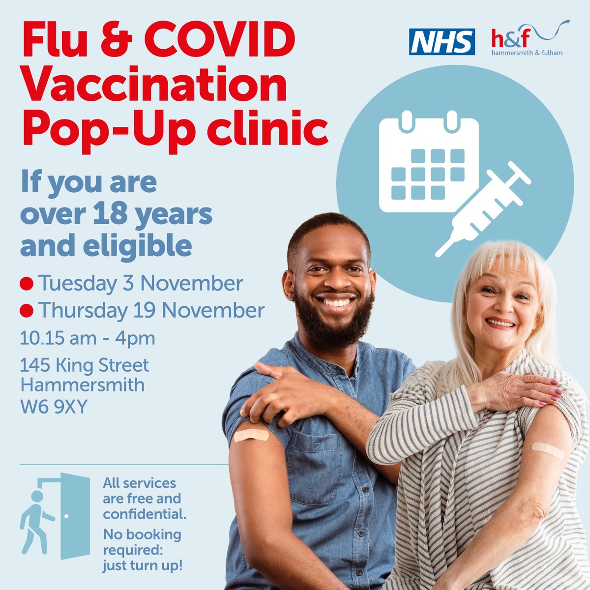 LBHF's tweet photo. Stay protected this winter – get your flu and Covid vaccines

Come along to one of our pop-up clinics next month – just drop in, no appointment needed.

➡️ Tuesday 3 &amp; Thursday 19 November
➡️ 10.15am to 4pm
➡️ 145 King Street, Hammersmith, London, W6 9XY https://t.co/uO8T85mQje