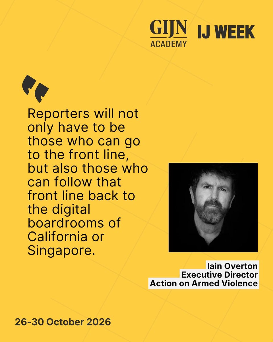 gijn's tweet photo. 🤖 On the first day of GIJN’s #IJWeek, panelists at the Tech and Conflict session looked at how the technologies and AI systems increasingly shaping conflict are conceived, financed and coded in conference rooms, data centres and tech offices far from the battlefield. 

They said war reporters must also dig into procurement records, trade databases, export licenses, corporate filings, and the digital breadcrumbs left behind by the military-tech ecosystem to understand complicity and responsibility in conflict.

Panelists: @brown_johnbrown, lecturer at @bengurionu; @iainoverton, executive director of @AOAV; @tkbarnes, field reporter at @inkstickmedia
Moderator: @sandrinerigaud, program director at @gijn