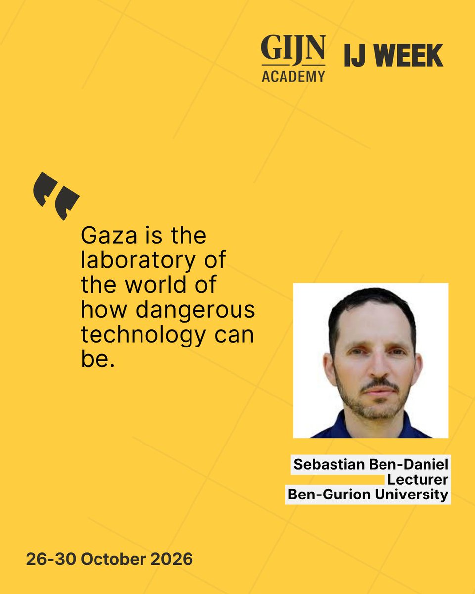 gijn's tweet photo. 🤖 On the first day of GIJN’s #IJWeek, panelists at the Tech and Conflict session looked at how the technologies and AI systems increasingly shaping conflict are conceived, financed and coded in conference rooms, data centres and tech offices far from the battlefield. 

They said war reporters must also dig into procurement records, trade databases, export licenses, corporate filings, and the digital breadcrumbs left behind by the military-tech ecosystem to understand complicity and responsibility in conflict.

Panelists: @brown_johnbrown, lecturer at @bengurionu; @iainoverton, executive director of @AOAV; @tkbarnes, field reporter at @inkstickmedia
Moderator: @sandrinerigaud, program director at @gijn