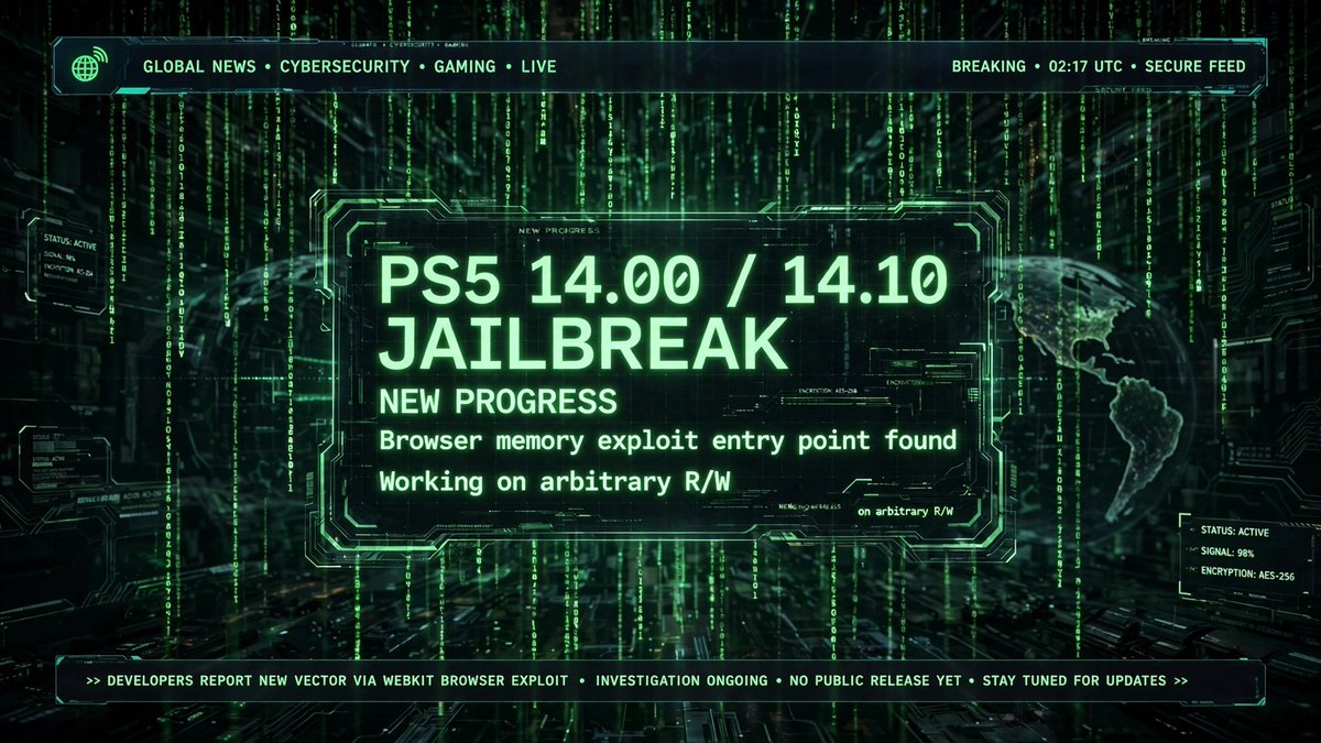 NorthBounty_Lab's tweet photo. BREAKING: PS5 14.00 / 14.10 JAILBREAK NEW PROGRESS! 🔥

Browser memory exploit entry point FOUND. Developers are working on arbitrary R/W!

Stay tuned, the jailbreak is closer than ever! 🔓

#PS5 #Jailbreak #PS51400
--- https://t.co/mqulJuvuPl