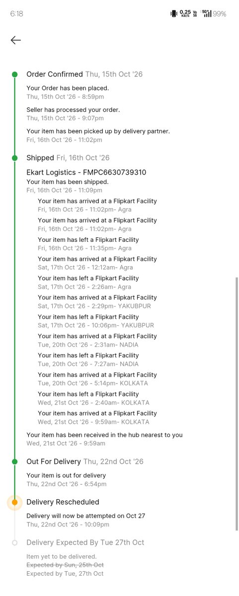 CricketSatyajit's tweet photo. @Flipkart is scam company they are promised me to deliver the product by 25th bt it has been reached earlier on 23rd October 2026 but the delivery agent denied to deliver the product after it was out for delivery so I have requested to reschedule it by 27th means today bt still.. https://t.co/dOoFgIM7gs