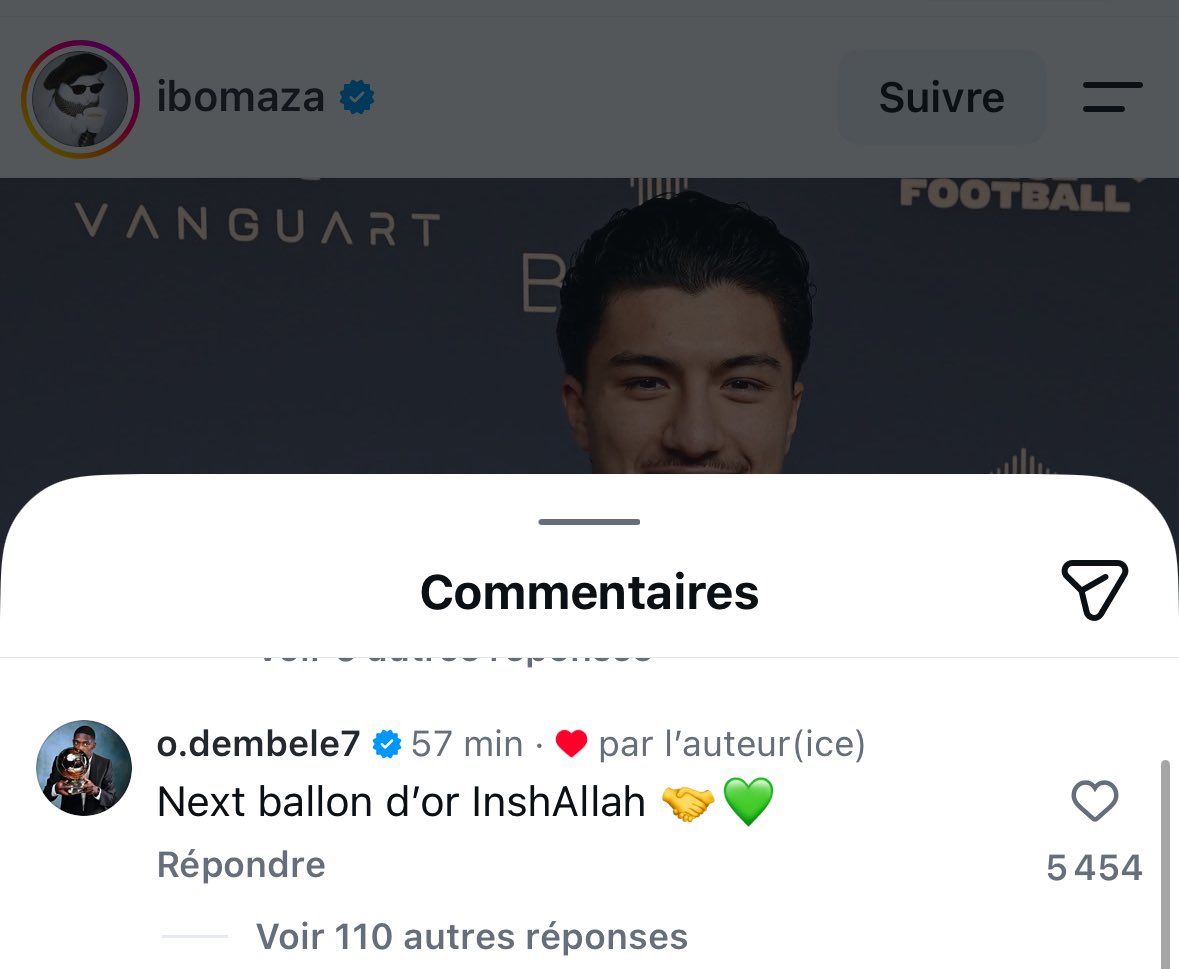 ActuFoot_'s tweet photo. « NEXT BALLON D’OR INSHALLAH 🤝💚 »

Le commentaire d’Ousmane DEMBÉLÉ 🇫🇷 sous la publication d’Ibrahim MAZA 🇩🇿. 😁 #BallonDor 

📲 IG https://t.co/qTWLRTJYbQ