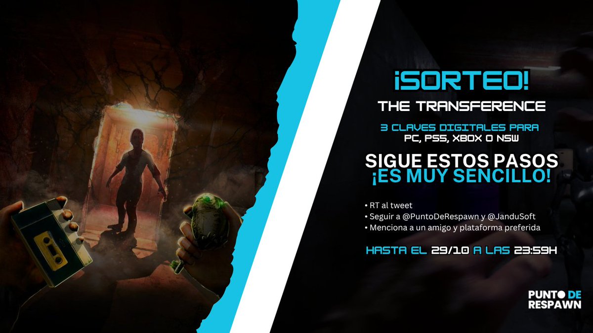 PuntoDeRespawn's tweet photo. 🔴🟢🔵 #SORTEO 

🔍 ¡Consigue #TheTransference para #PC, #PS5, #Xbox o #NSW! 

👑 3 CLAVES - 3 GANADORES

❓ ¿Cómo participar? ¡Es muy sencillo! 👇 

🔁 RT 
▶ Sigue a @PuntoDeRespawn y @JanduSoft 
💬 Menciona a un amigo + plataforma elegida

📅 Hasta el 29/10 a las 23:59h https://t.co/dsRRLpCOQX