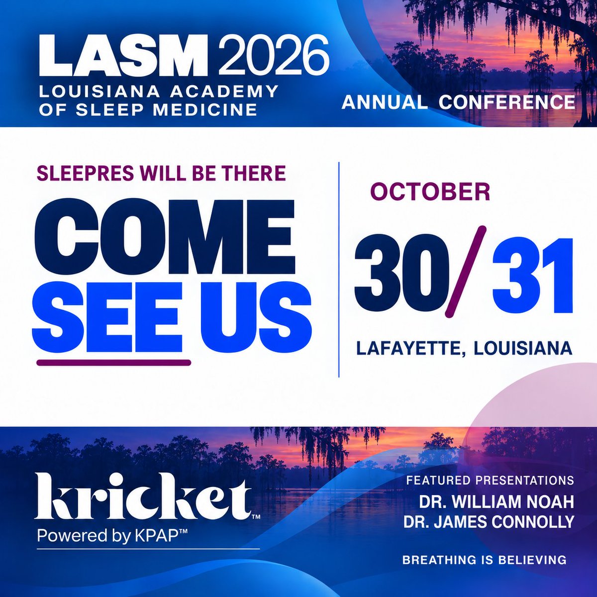 SleepResKares's tweet photo. SleepRes is heading to Lafayette for LASM 2026, Oct. 30–31!
Meet Dr. William Noah and Donny Holman, hear Dr. Noah discuss mask selection, and don’t miss Dr. James Connolly’s “Treating OSA with EPAP.”
Stop by and see us!
#LASM2026 #SleepMedicine https://t.co/c83UGmqGpa