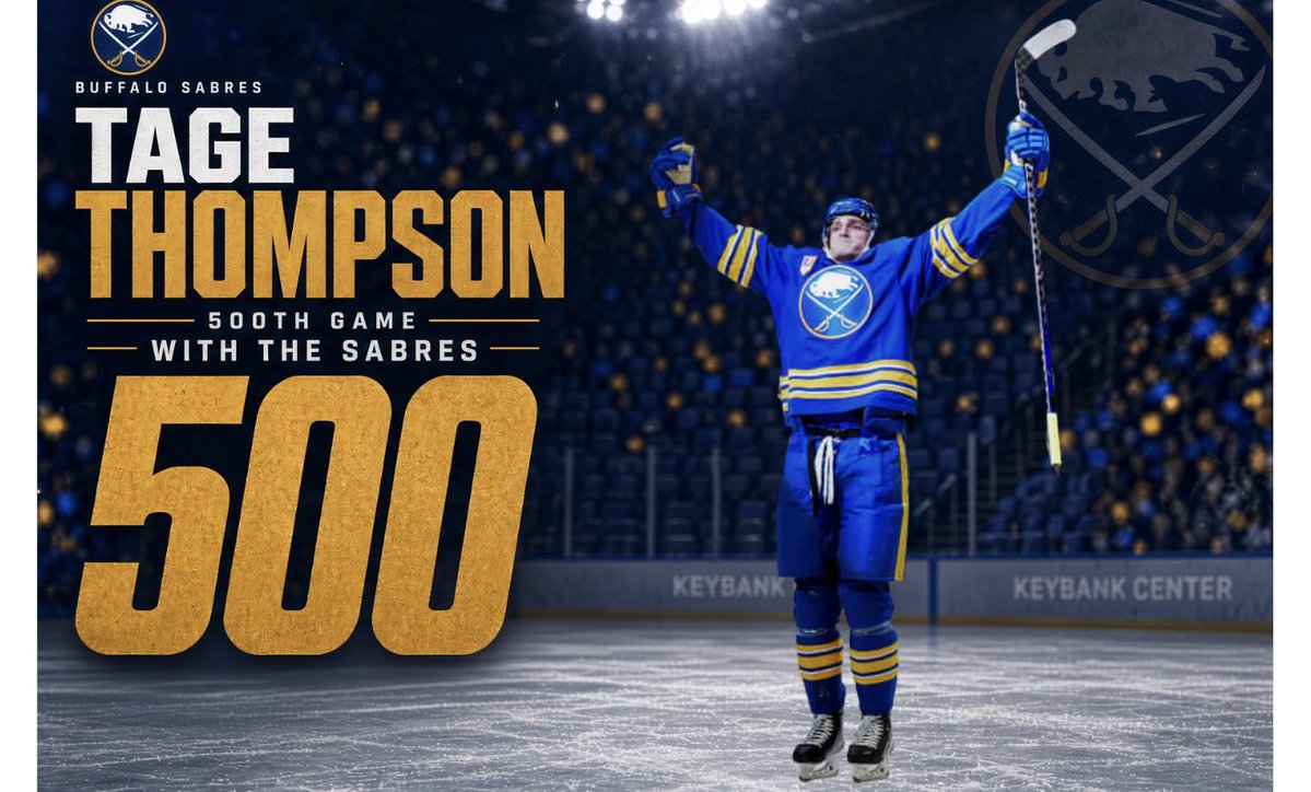 SabresFunStats's tweet photo. Tage Thompson will be playing in his 500th game for the Buffalo Sabres tonight #LetsGoBuffalo https://t.co/pTaIObT9Xb
