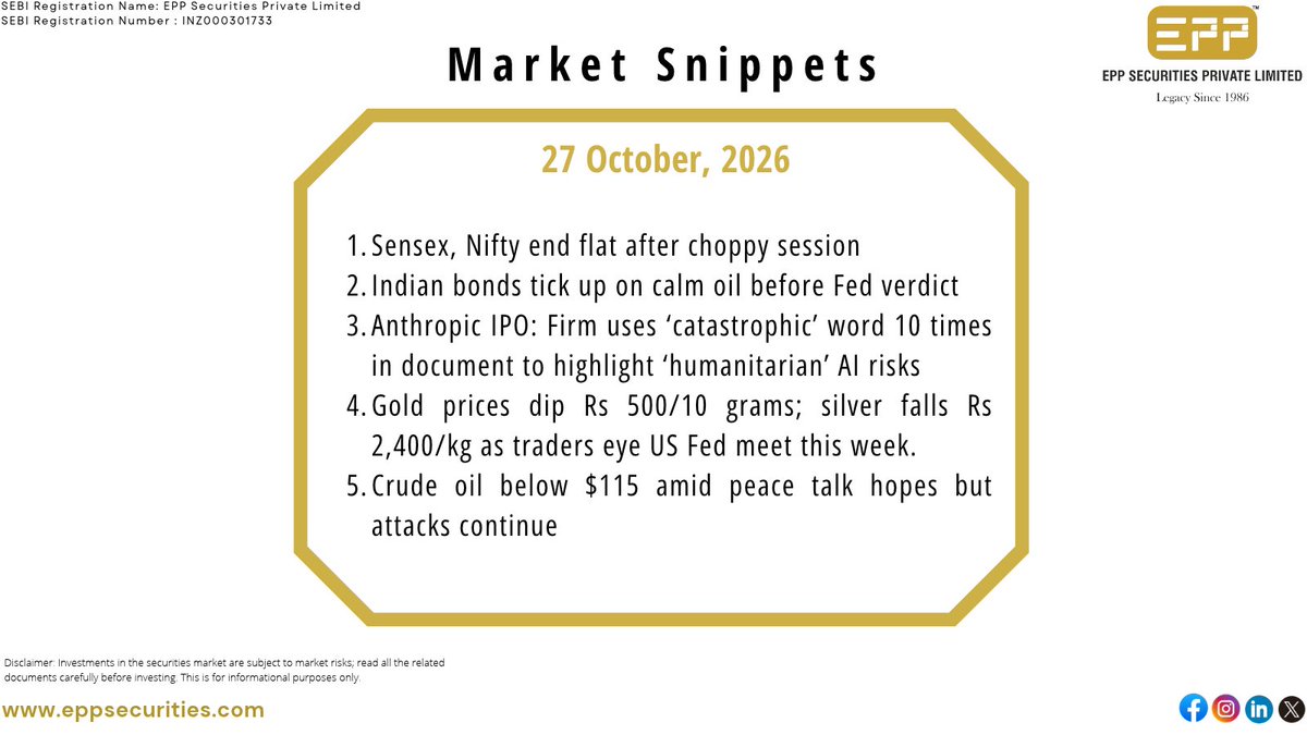 eppsecurities's tweet photo. Market Snippets
.
.
.
#StockMarket #Investment #India #NSE #BSE #Market #Nifty50 #BankNifty #NiftyTrader #Portfolio #Investor #Finance #Money #Wealth #FinancialSector #MarketAnalysis #StockAnalysis #StockRecommendations #TopStocks #StocksToWatch #TopPick #IPO #IPOAlert https://t.co/zELatjDAhe