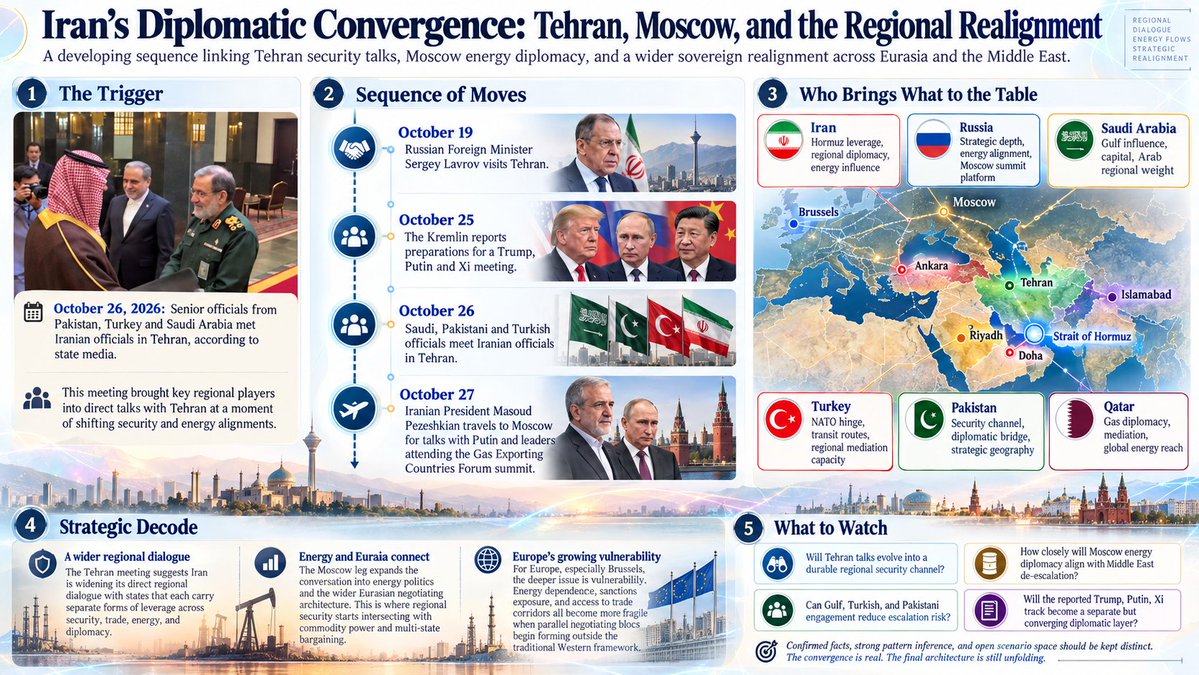 holonabove's tweet photo. It's all coming together...

October 19... Russian Foreign Minister Lavrov arrives in Tehran...

October 25... The Kremlin announces preparations for a Trump–Putin–Xi trilateral summit...

October 26... Saudi Arabia’s Defense Minister, Pakistan’s military chief, and Turkey’s intelligence chief meet Iran’s national security leadership in Tehran...

October 27... Iranian President Pezeshkian arrives in Moscow for talks with Putin and other leaders, including Qatar’s Emir, at a summit of major natural gas producers...

Look at the alignment forming...

Saudi Arabia brings Gulf energy and financial influence... Pakistan carries a diplomatic channel into Washington... Turkey connects NATO, Eurasia, and critical transit corridors... Qatar brings gas supplies and mediation... Iran holds enormous leverage over the Strait of Hormuz, while Russia connects energy, military influence, and the expanding Eurasian diplomatic structure...

The Tehran meeting brings Iran directly into discussions with all three members of the emerging Mecca defense pact, with regional security, de-escalation, and cooperation now formally on the table...

The Moscow meetings extend that conversation into energy security, international trade, and the future of regional relationships...

This is the sovereign choice architecture taking shape through actual diplomatic channels... countries with competing interests are exploring arrangements that could reduce their dependence on externally imposed security structures while preserving their own negotiating leverage...

The implications extend straight into Brussels, where energy dependence, sanctions policy, and access to critical trade corridors remain major strategic vulnerabilities...

The approaching Trump–Putin–Xi discussions add another dimension to this movement, although their relationship to the Tehran initiative remains unestablished...

The defining signal is the expanding table of negotiations... and the growing number of countries seeking a direct voice in the security and economic arrangements that will shape the next regional order...