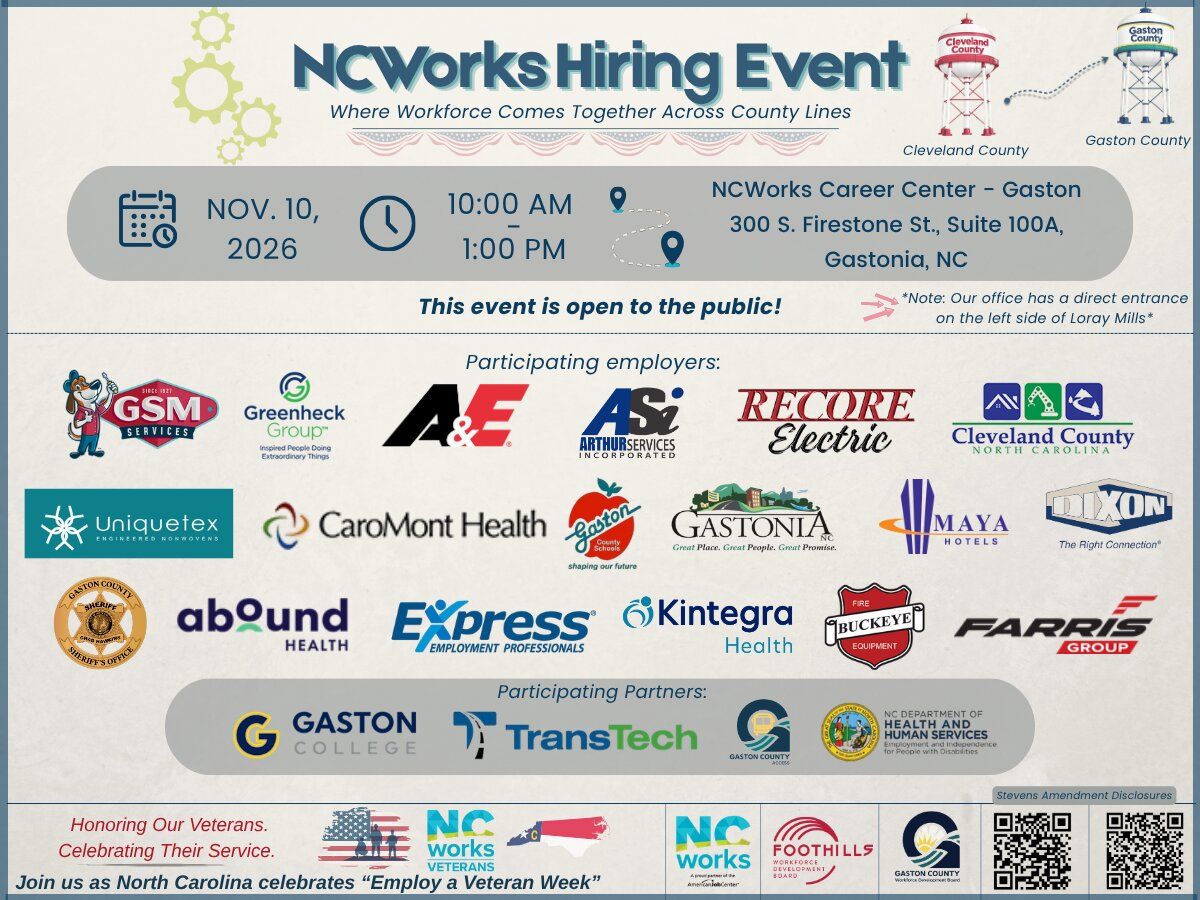 ncworksgaston's tweet photo. Mark your calendars for our hiring event honoring veterans! Come to the Career Center on November 10th starting at 10 am and see what opportunities await you. All are welcomed. See you then! #ncworks #jobfair #workforceinmydistrict https://t.co/Li6j2ZUyWu