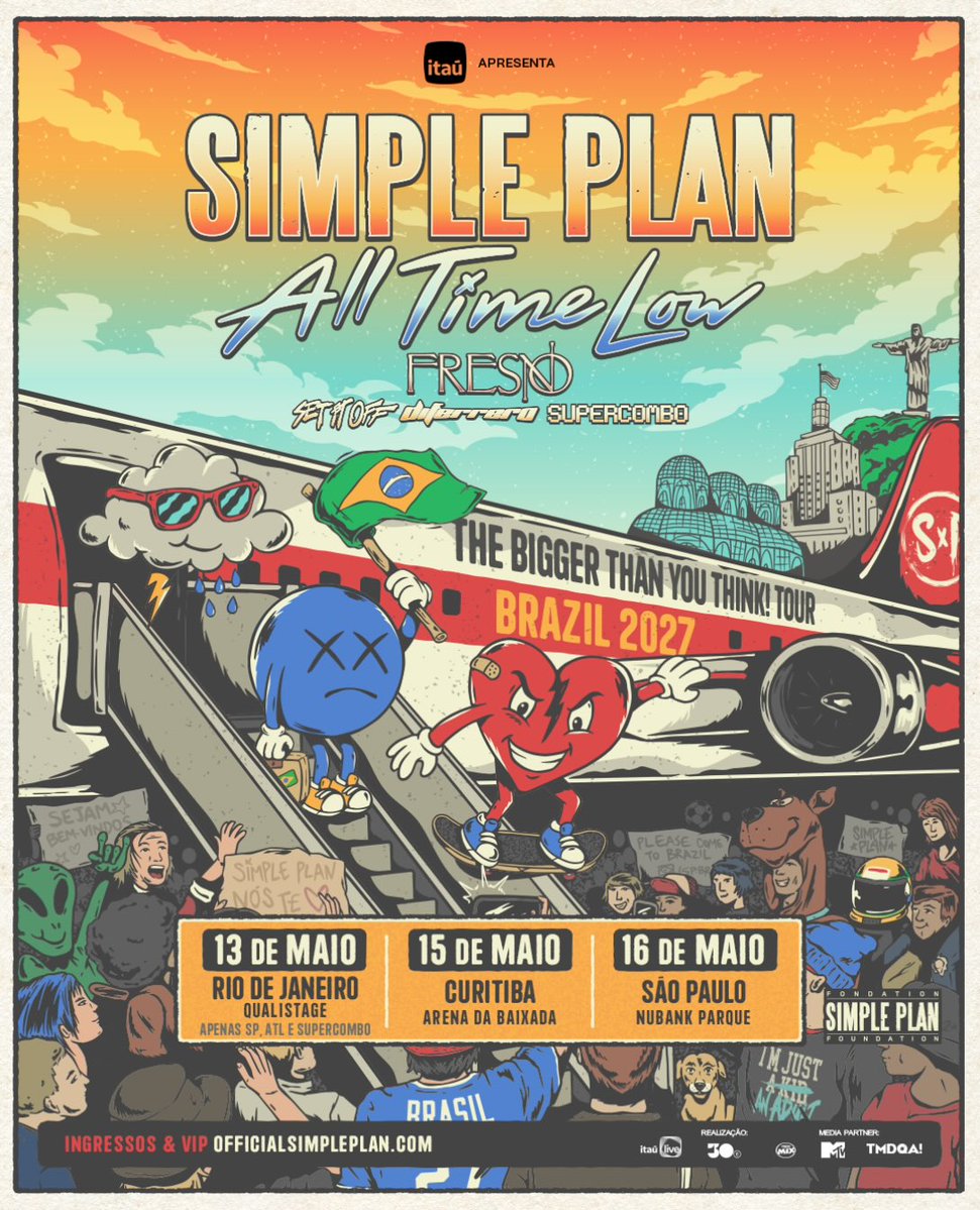 igorogh's tweet photo. 🚨 É OFICIAL! SIMPLE PLAN ANUNCIA TRÊS SHOWS NO BRASIL EM 2027! 🇧🇷🔥

A banda retorna ao país com a “The Bigger Than You Think! South America Tour”, celebrando 25 anos de carreira, acompanhada de All Time Low, Fresno, Set It Off, Di Ferrero e Supercombo!

📍 13/05 — Rio de Janeiro, Qualistage
📍 15/05 — Curitiba, Arena da Baixada
📍 16/05 — São Paulo, Nubank Parque

🎟️ Pré-venda Itaú Private e Personnalité: 28/10, às 10h.
🎟️ Pré-venda clientes Itaú: 29/10, às 10h.
🎟️ Venda geral: 30/10, às 12h.

Clientes Itaú têm 15% de desconto e parcelamento em até 3x sem juros, conforme condições da oferta.

Ingressos: https://t.co/wUtYaavKo3