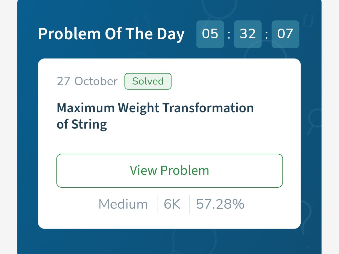 crazy_mahesh_'s tweet photo. Day 396: Maximum Weight Transformation of String
Approach: Dynamic Programming — Calculate the maximum weight for each .
Time Complexity: O(N)
Space Complexity: O(N)
#DSA #DynamicProgramming #Strings #geekstreak60 #npci @geeksforgeeks https://t.co/jrTnCSb4tw