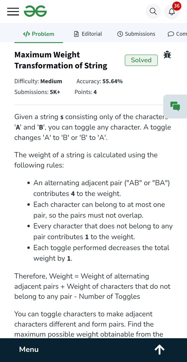 crazy_mahesh_'s tweet photo. Day 396: Maximum Weight Transformation of String
Approach: Dynamic Programming — Calculate the maximum weight for each .
Time Complexity: O(N)
Space Complexity: O(N)
#DSA #DynamicProgramming #Strings #geekstreak60 #npci @geeksforgeeks https://t.co/jrTnCSb4tw