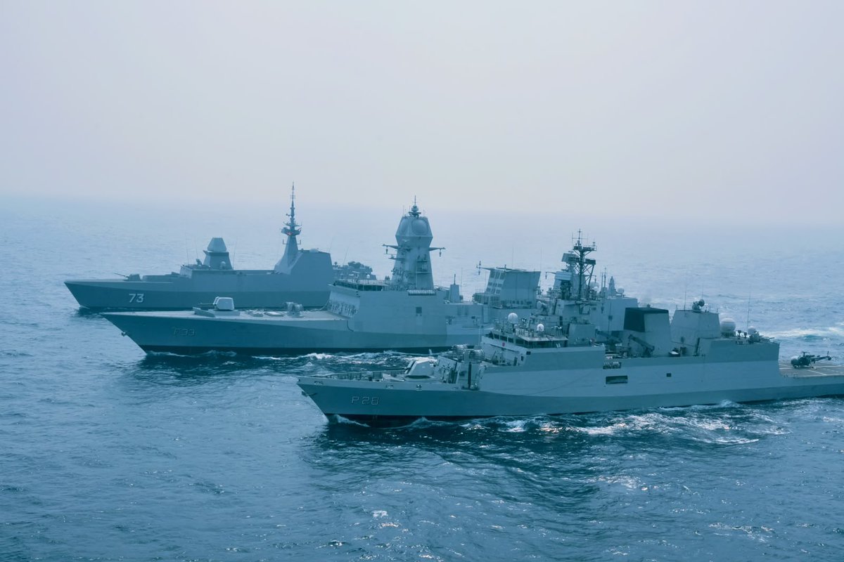IndiaDefWire's tweet photo. The 33rd edition of SIMBEX, the India-Singapore maritime exercise, concluded at Visakhapatnam on Monday after a sea phase in the Bay of Bengal.

INS Nilgiri and INS Kamorta sailed with Singapore's frigate RSS Supreme for anti-submarine, anti-air and anti-surface drills, backed by P-8I, Dornier, Hawk and MH-60R aircraft.

@indiannavy @SpokespersonMoD

#SIMBEX2026 #IndiaSingapore