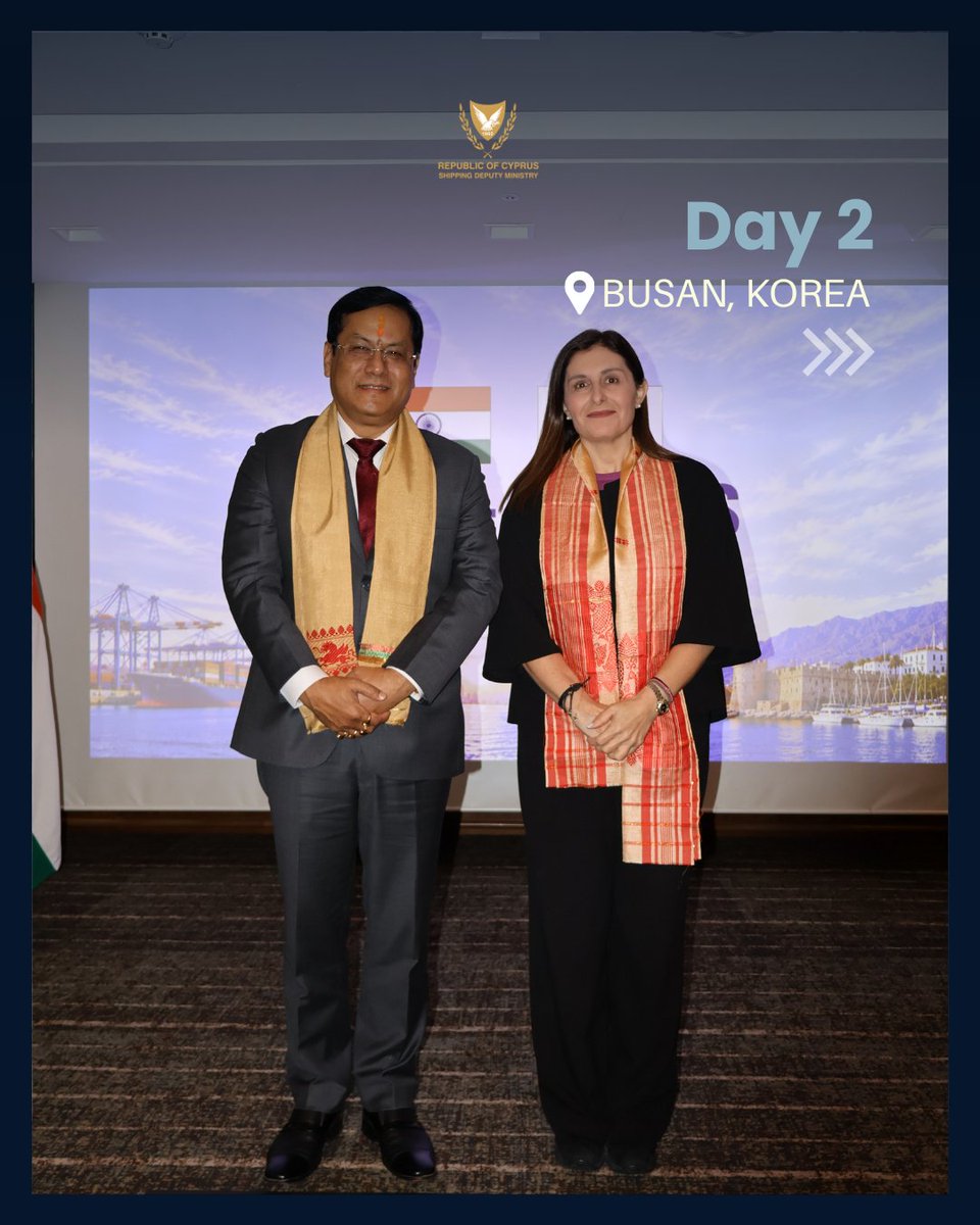 maritimeCyprus's tweet photo. Ms @HadjimanoliM, had a bilateral meeting with the Minister of Ports, Shipping and Waterways of India, Mr. @sarbanandsonwal, building on the close relations between Cyprus and India and the positive momentum in further strengthening their Strategic Partnership. 🇨🇾🇮🇳 https://t.co/4mdsfgV0VO