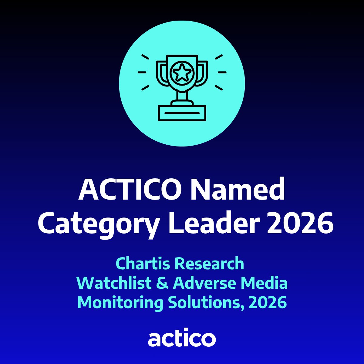 ACTICO_de's tweet photo. Doppelte Auszeichnung von Chartis Research für #ACTICO. Die Analysten haben ACTICO als Category Leader für Adverse Media Monitoring &amp; Name &amp; Transaction Screening Solutions 2026 ausgezeichnet. Ein überzeugendes Ergebnis für uns und unsere Kunden.

https://t.co/eGpvmzBnRT
 #banken https://t.co/gAX7H4q1dh