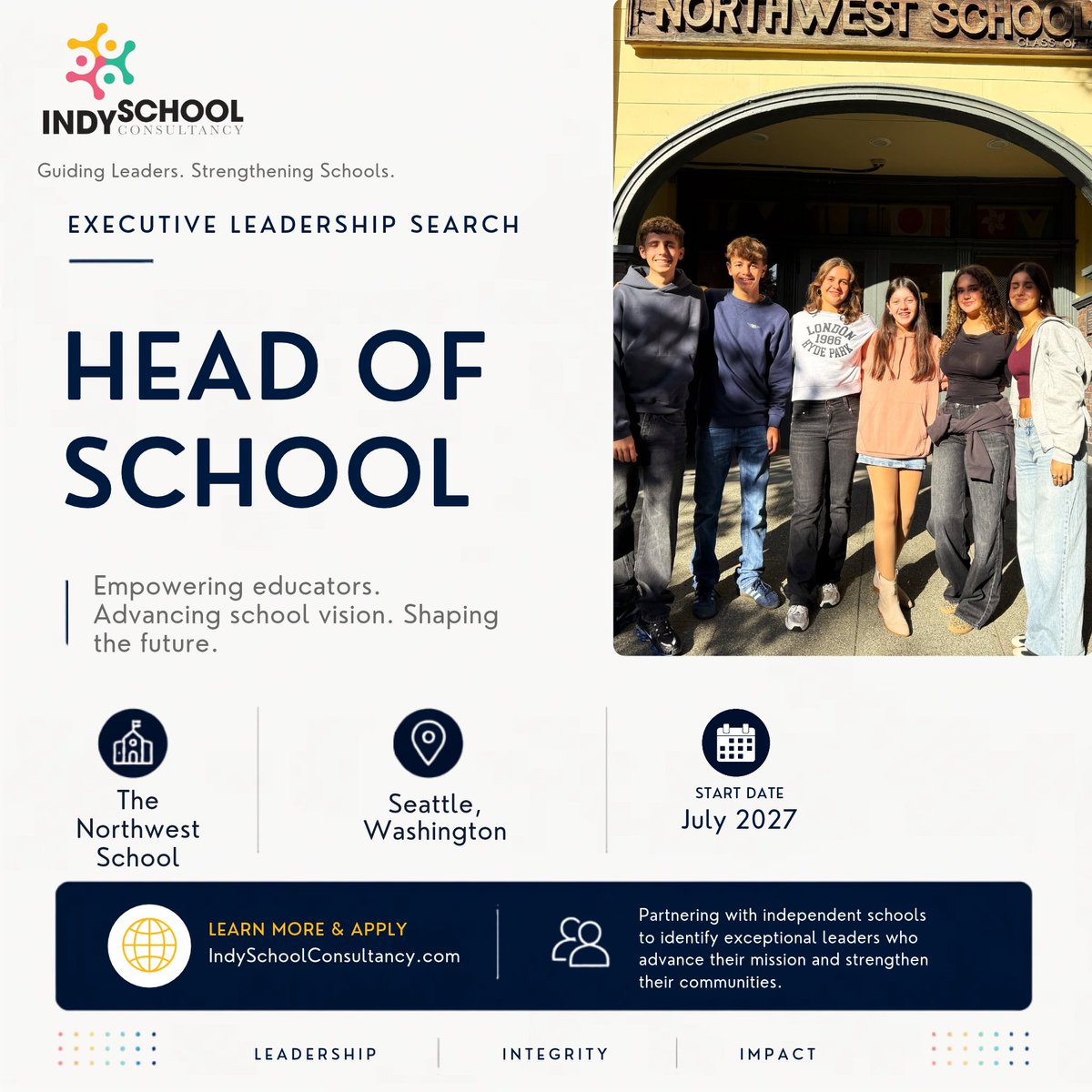 ISCconsultancy's tweet photo. 🎉 Now Hiring: Head of School!

The Northwest School in Seattle, WA, seeks its next Head of School, starting July 2027.

Search led by Tim Viands &amp; Brad Bates.

📍 Seattle, WA
🔗 Apply: https://t.co/02IViFwR5t

#HeadOfSchool #IndependentSchools https://t.co/F31E6JPJYP