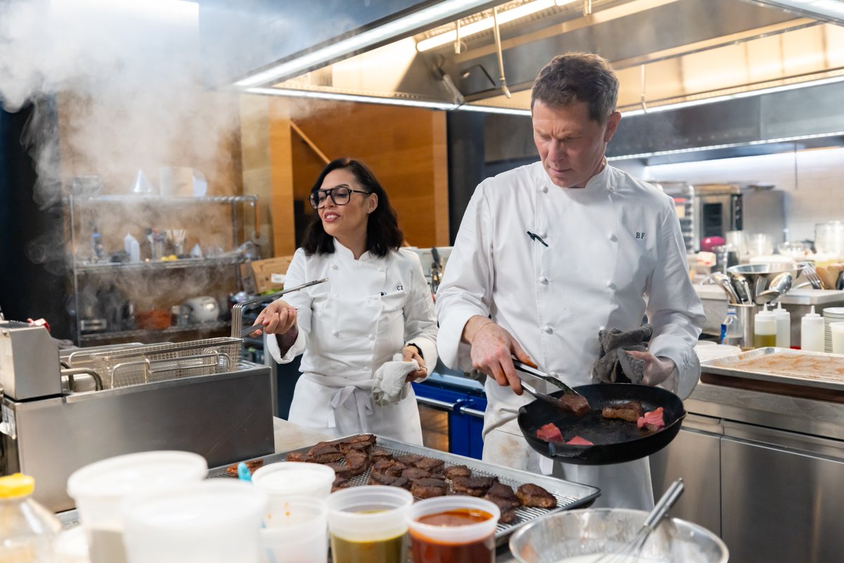 FoodNetwork's tweet photo. It's a steakhouse showdown tonight when Jonathon Sawyer and his team take on @bflay and his home team! 

Don't miss #TheLine TONIGHT at 9|8c with VIP Guest Michael Lomonaco. https://t.co/KEvnlUgXbW