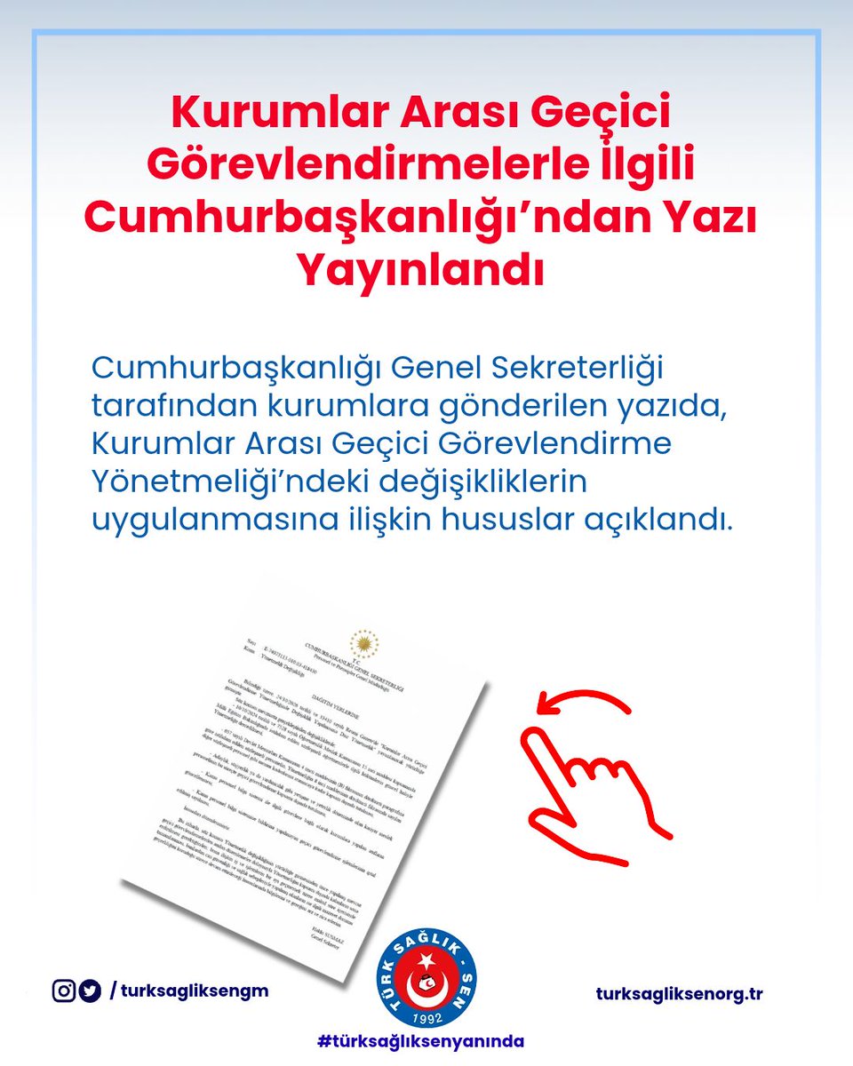 turksagliksengm's tweet photo. Cumhurbaşkanlığı Genel Sekreterliği tarafından kurumlara gönderilen yazıda, Kurumlar Arası Geçici Görevlendirme Yönetmeliği’ndeki değişikliklerin uygulanmasına ilişkin hususlar açıklandı.
#türksağlıksenyanında https://t.co/0bMfhQDz3h