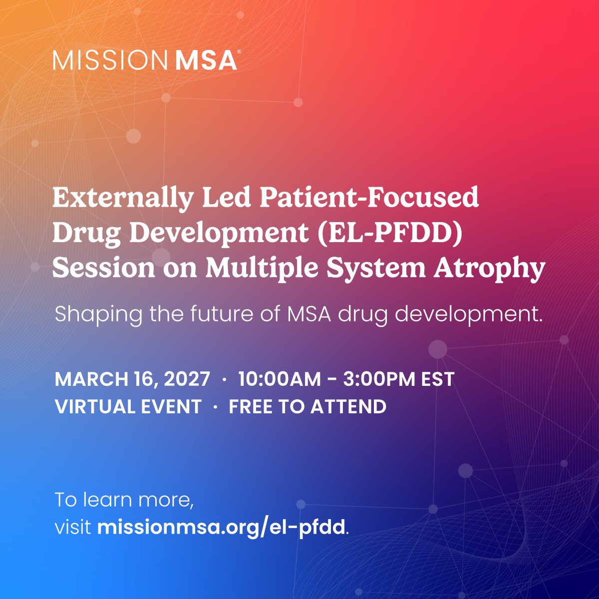 MissionMSA's tweet photo. Join #MissionMSA on March 16, 2027, for our virtual #ELPFDD meeting with the #FDA during #MSAAwarenessMonth! Get early access to registration, submit a volunteer interest form, and help guide the future of #MSA care.
Learn more: https://t.co/WfnAAOc0KB
#multiplesystematrophy https://t.co/4BeZpBuGXv