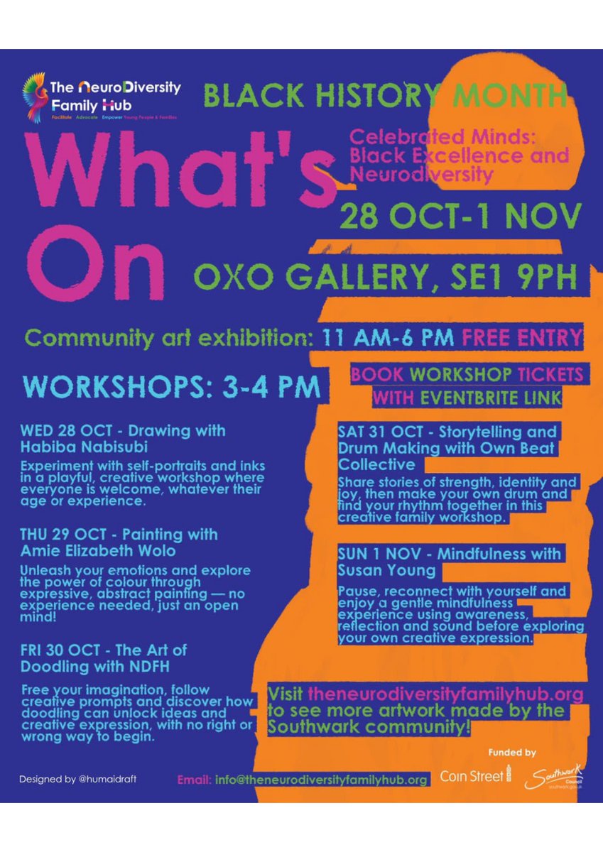 CoinStreet's tweet photo. Join us for Celebrated Minds: Black Excellence and Neurodiversity.

From 28 October to 1 November, The NeuroDiversity Family Hub is hosting a community led exhibition and a series of engaging workshops honouring Black excellence and neurodivergent minds.

https://t.co/JVJxKLPxJn https://t.co/DOrevA5ZS3