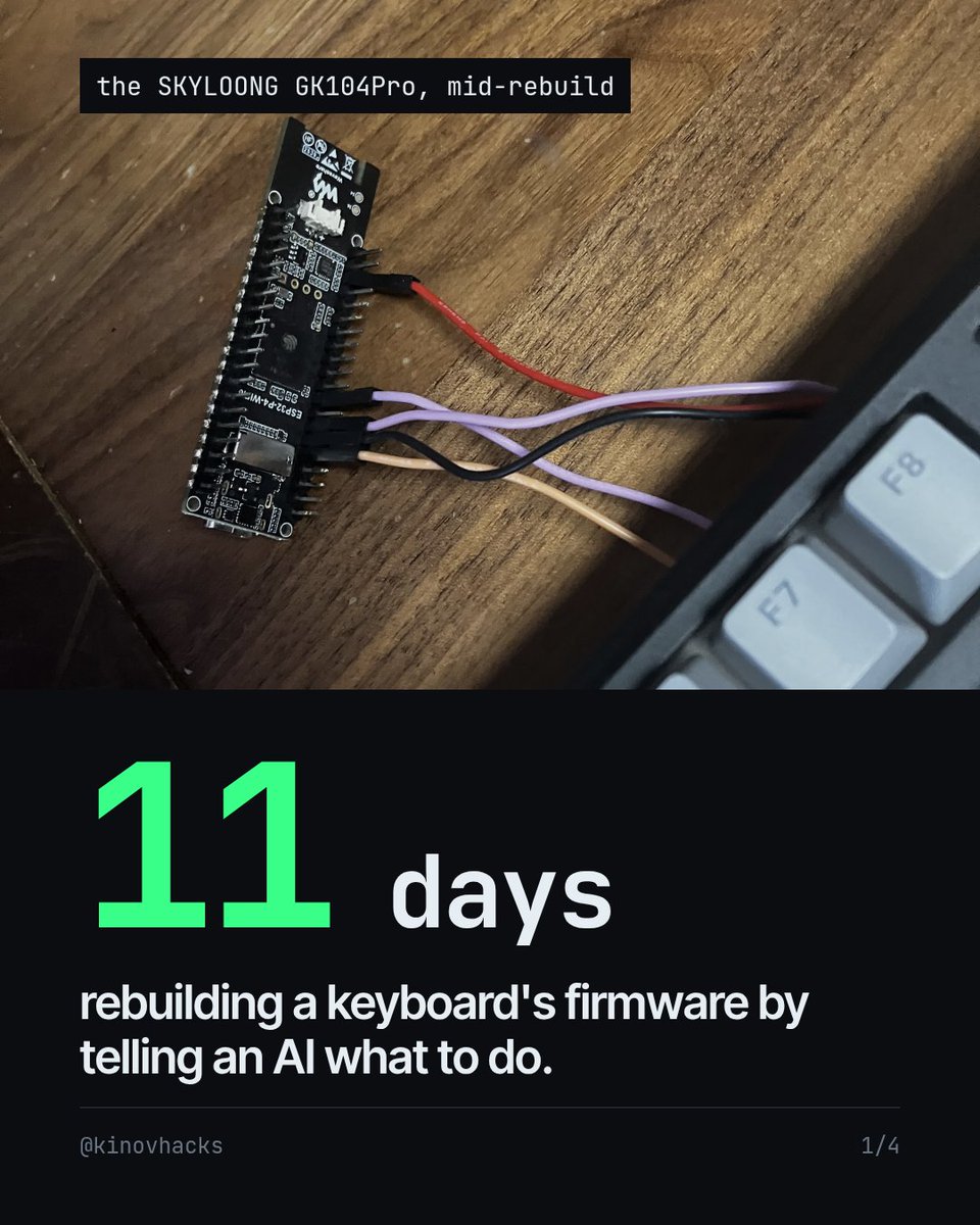 kinovhacks's tweet photo. 11 days, 785 messages, about $20 of DeepSeek.
That's what it took to rebuild the firmware on the SKYLOONG GK104Pro. https://t.co/0SrvSORPF0