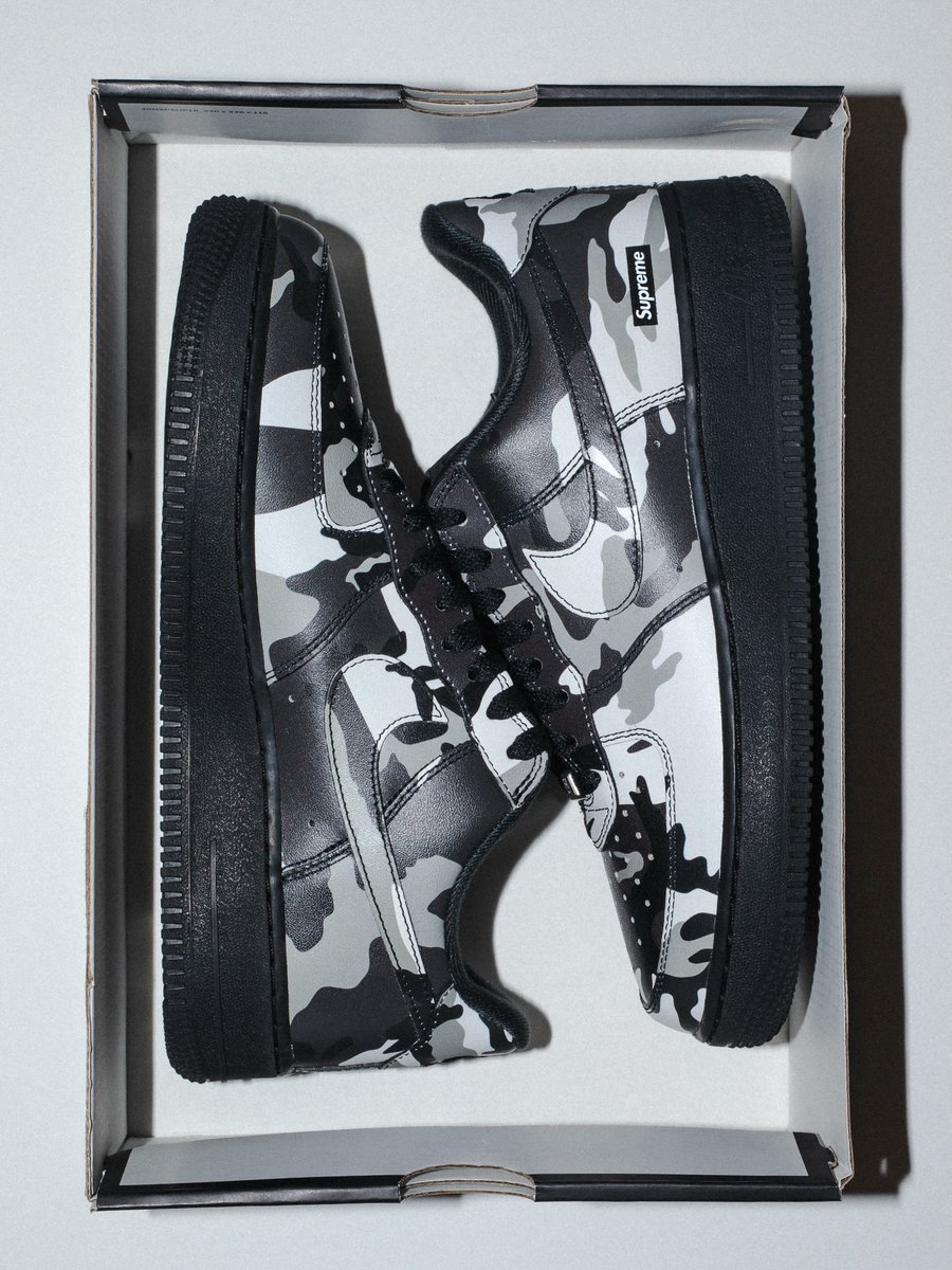dropsdotgg's tweet photo. Supreme x Nike Air Force 1 Low Snow Camo ❄️

Releasing this Thursday for $124, who's grabbing a pair? https://t.co/dnMiXPSDIb
