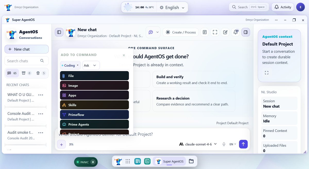 AgentOS_Tech's tweet photo. The compact AgentOS composer is live on both web and desktop.

＋ Modes, plans and uploads together
🎙️ Mic and language selector inside the composer
◉ Model picker beside your voice controls

Smaller menus across Studios, on desktop and mobile.