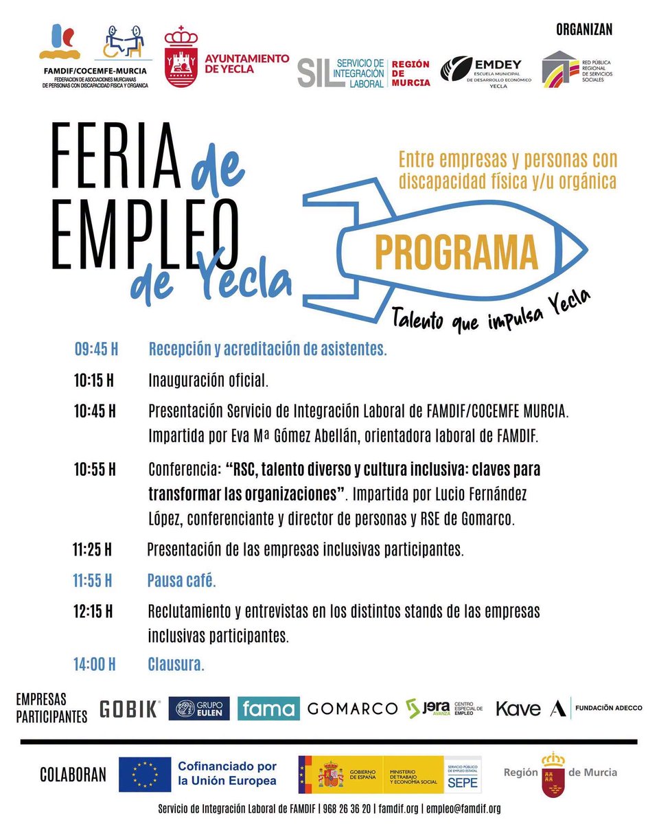 AytoYecla's tweet photo. La  I FERIA DE EMPLEO DE YECLA organizada por @FAMDIF y @AytoYecla pretende promover la contratación laboral de personas con discapacidad física y/u orgánica entre empresas referentes en la Región de Murcia.

✍🏻 Inscríbete aquí: https://t.co/uqS3ka1XaH

ℹ️ https://t.co/EBqpf1ue85 https://t.co/4TTRcEp823
