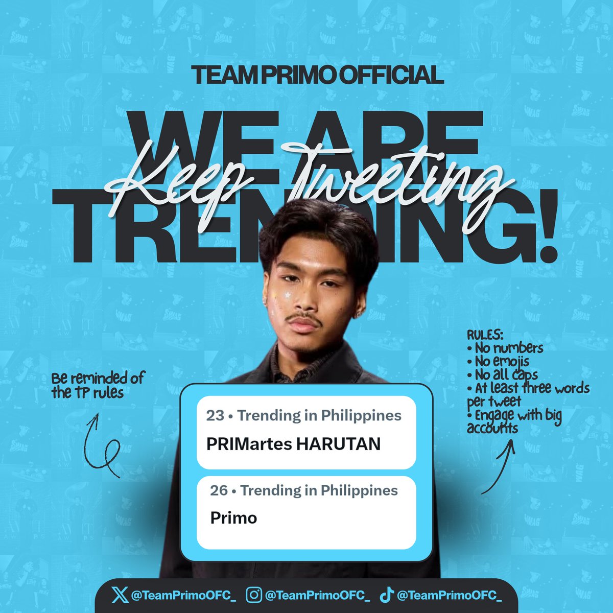 TeamPrimoOFC_'s tweet photo. WE ARE NOW TRENDING 

Our official is now trending inside the PH Trend along with Primo's. Keep tweeting loverz!

PRIMartes HARUTAN https://t.co/uOWh4p4Md7