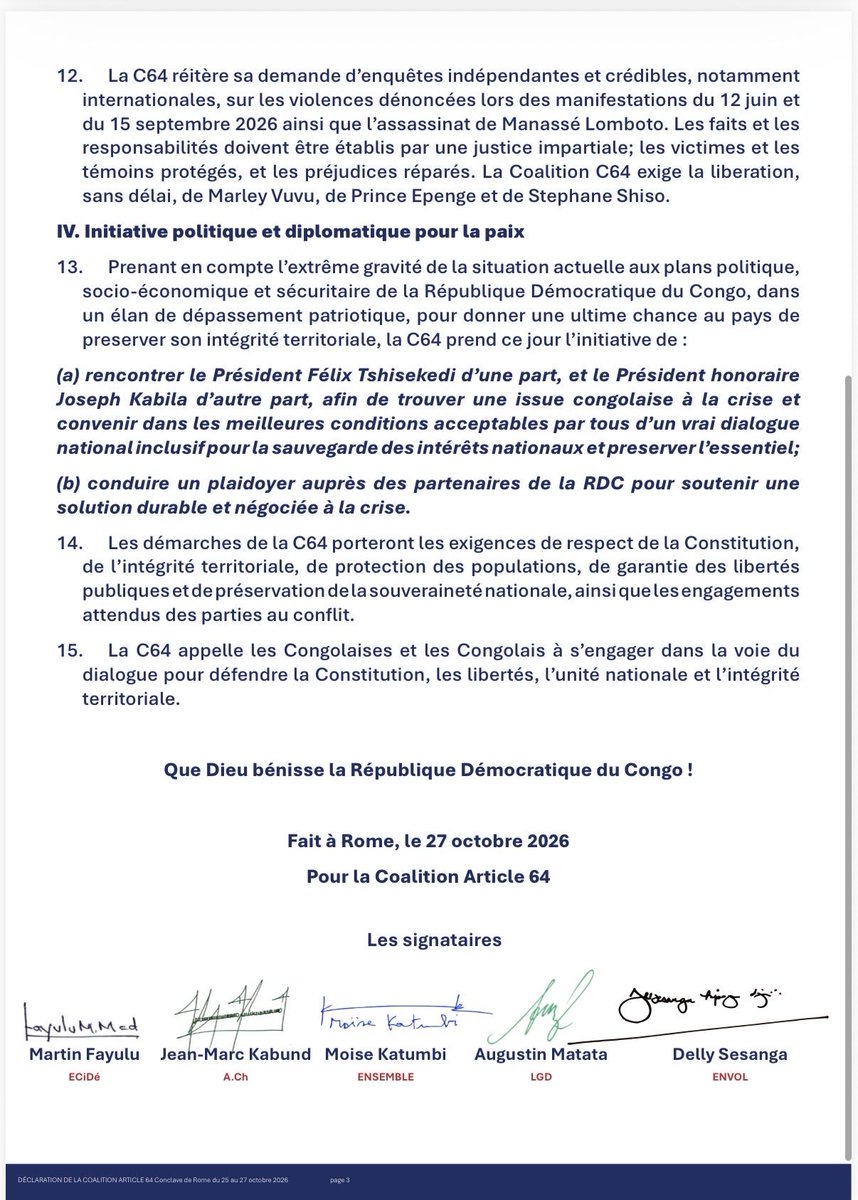 simeonisako13's tweet photo. #RDC| 🔥🔥 C-64 : une implosion évitée de justesse à Rome grâce à l’intervention du cardinal Ambongo.

Une implosion de la C-64 a été évitée de justesse à quelques heures de la lecture de la déclaration finale des assises de Rome, grâce à l’intervention du cardinal Fridolin Ambongo.

Selon nos informations, @MartinFayulu a envisagé de se désolidariser des autres participants en raison de l’absence, dans le texte, d’une condamnation claire et sans équivoque de la prise des armes par Joseph Kabila.

Face à cette situation, le cardinal Ambongo serait intervenu pour apaiser les esprits et convaincre @MartinFayulu de privilégier l’unité, en lui faisant comprendre que la question pourrait être réexaminée ultérieurement.

C’est donc dans un climat de méfiance et de divergences persistantes que la déclaration finale a été lue. @MartinFayulu n’aurait toutefois pas été pleinement satisfait de l’issue des discussions.

Nous y reviendrons avec davantage de détails.