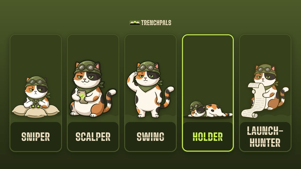 Trenchpalsapp's tweet photo. sniper, scalper, swing, holder, launch-hunter. the cat has tried all five and is currently a holder, not entirely by choice https://t.co/HI8GR4to9K