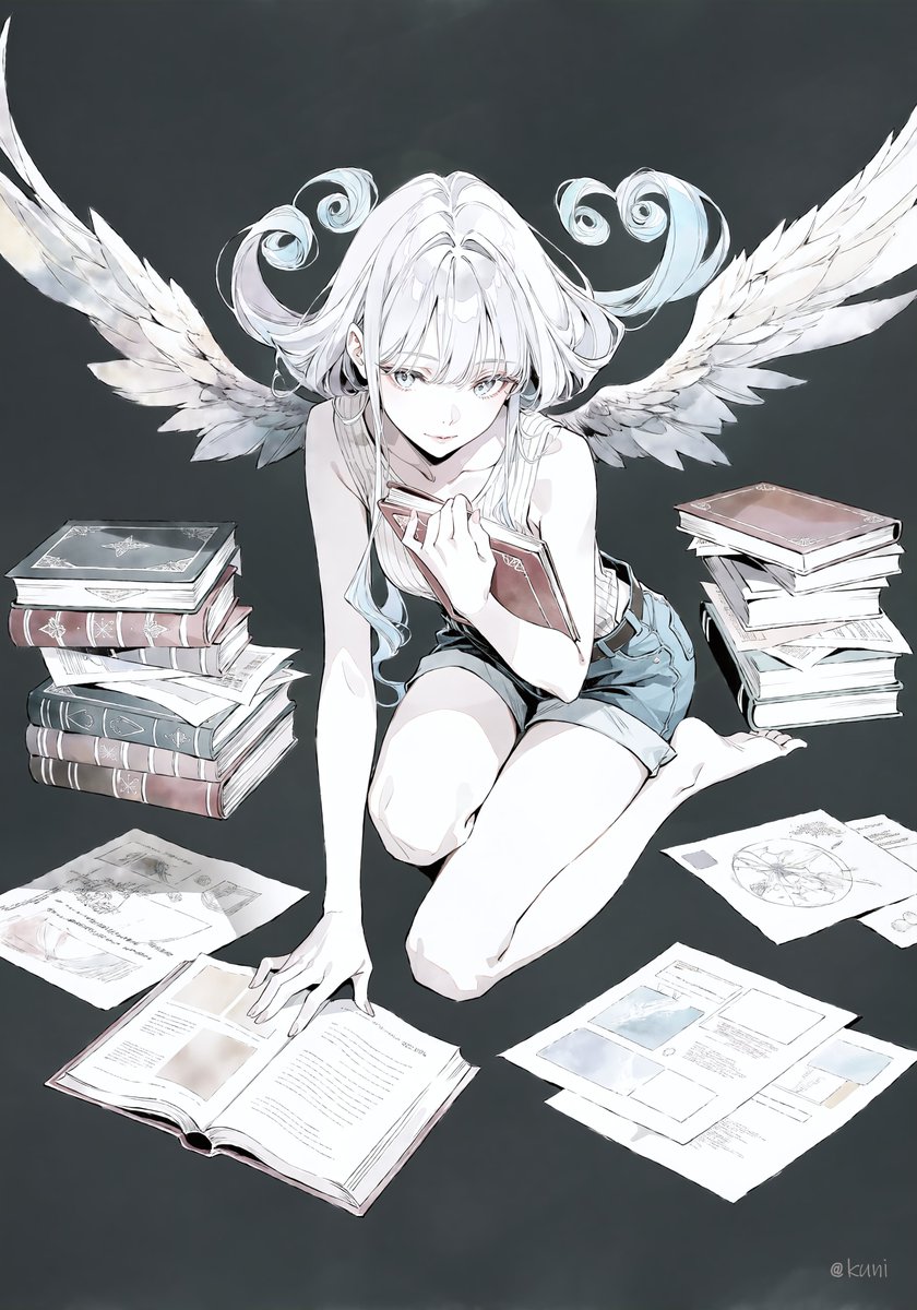 kun_chang_68's tweet photo. "She Kept Reading, Even After the Sky Had Answered"

空を飛べるなら、もう十分だと思っていた。

知らない世界を見られるなら、きっと迷うことなんてないと思っていた。
けれど本を開くたびに、新しい疑問が生まれる。
答えに辿り着いたはずなのに、その先にまた別の空が広がっている。

積み上がる本は知識の証じゃない。
それは、自分がまだ何も知らないという証だった。
だから今日も彼女はページをめくる。
飛ぶためじゃない。
もっと世界を好きになるために。
#沈黙の天使

今日はなんだか疲れました。。。
もう寝ますね
またあした、おやすみなさい