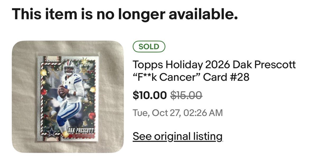 OffDaHook35's tweet photo. The Dak Prescott F*ck Cancer card still holding strong 

Not sure if it will hold up, but just because there is a lot, doesn’t mean it can’t be valuable 

There are 70k Ohtani All Aces

And 1M+ 1989 Upper Deck Griffeys https://t.co/ldYmBREUPI