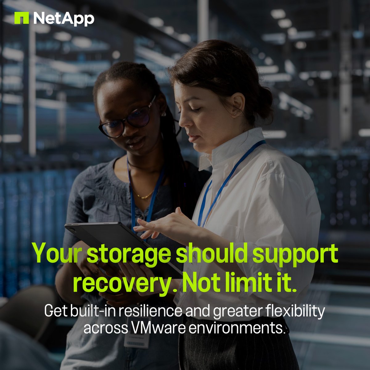 NetApp's tweet photo. VMware resilience should be built in, not limited by your storage.

With JetStream software, NetApp extends disaster recovery to VMware workloads on any storage, with recovery to ONTAP-based cloud services.

Build resilience on your terms: https://t.co/3qjOV6J9jJ https://t.co/D7JJ4KegRm