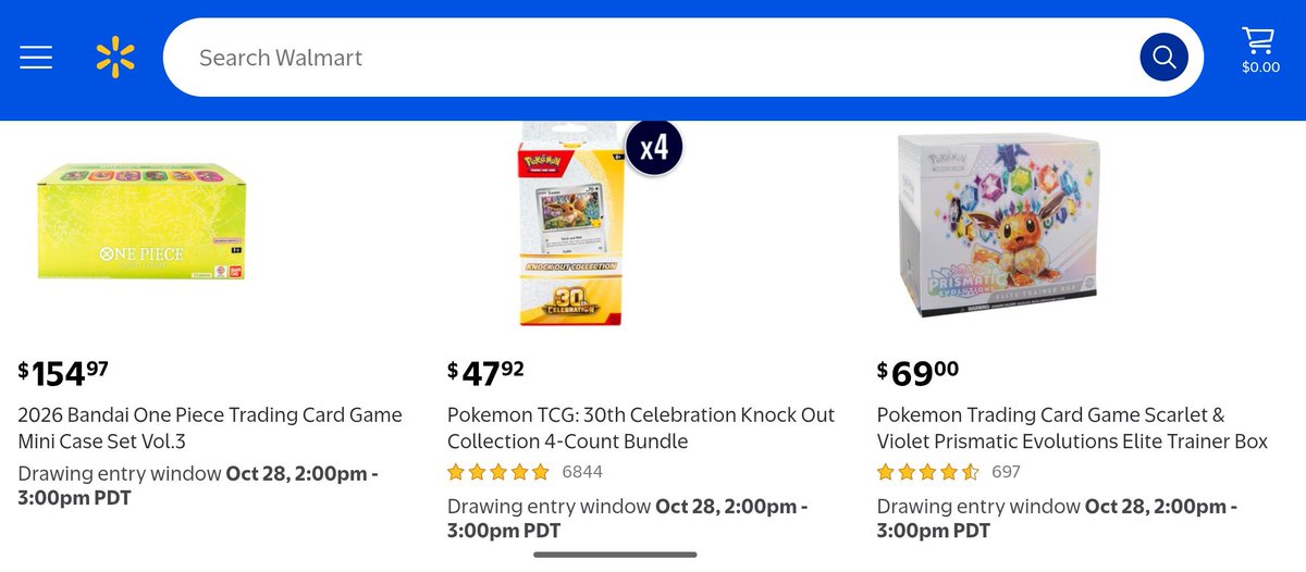 PokeTCGAlerts's tweet photo. The next Walmart Draw is LOADED! 🚨 

Items include 30th Celebration Knockout Collection Boxes, Prismatic Evolutions ETBs, Ascended Heroes ETBs, One Piece, NeeDohs, and Mystery Dumplings! The drawing will start tomorrow, Wednesday, October 28th at 2pm PDT / 5pm EDT ✅ Here is the link to save to join the draw when it goes live 🔖 
https://t.co/ERYrwUOGpD

Price list:

30th Celebration Knockout Collection x 4: $47.92
- MSRP for single Knockout Collection = $9.99, so MSRP for this 4-Pack is $39.96
- Market Price for a single Knockout Collection = $24.97, so Market Price for this 4-Pack is $99.88
- Overall, price is less than $10 over MSRP ($7.96 over MSRP)

Prismatic Evolutions ETB: $69
- MSRP is $49.99
- Market Price for a single Knockout Collection = $123.76
- Overall, price is about $20 over MSRP, but you are saving over $50 from the Market Price

Ascended Heroes ETB: $89.99
- MSRP is $49.99
- Market Price for a single Knockout Collection = $127.16
- Overall, price is $40 over MSRP, but you are saving almost $40 from the Market Price

- One Piece Mini Case Set Vol.3: $154.97
- NeeDoh Nice Cube: $5.97
- Mystery Squishy Dumpling Tie Dye: $4.97
- Mystery Squishy Dumpling Snowflake: $4.97

BEFORE THE DRAW GOES LIVE 🚨 

1. Set up a Walmart account if you haven't already (Walmart+ not required). Make sure you are logged in and enter/save your preferred delivery address and default preferred card

2. Enter the drawing when it opens Wednesday at 2pm PDT / 5pm EDT. The drawing will be open for a set time (1 hour only)

3. If you are selected, you will receive an email confirming that you were chosen from the drawing, and an order will be placed automatically using your saved preferred delivery address and preferred card info. Winners selected usually within 24-72 hours
#ad