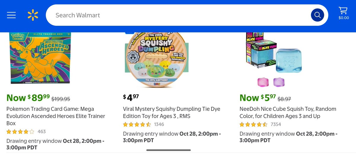 PokeTCGAlerts's tweet photo. The next Walmart Draw is LOADED! 🚨 

Items include 30th Celebration Knockout Collection Boxes, Prismatic Evolutions ETBs, Ascended Heroes ETBs, One Piece, NeeDohs, and Mystery Dumplings! The drawing will start tomorrow, Wednesday, October 28th at 2pm PDT / 5pm EDT ✅ Here is the link to save to join the draw when it goes live 🔖 
https://t.co/ERYrwUOGpD

Price list:

30th Celebration Knockout Collection x 4: $47.92
- MSRP for single Knockout Collection = $9.99, so MSRP for this 4-Pack is $39.96
- Market Price for a single Knockout Collection = $24.97, so Market Price for this 4-Pack is $99.88
- Overall, price is less than $10 over MSRP ($7.96 over MSRP)

Prismatic Evolutions ETB: $69
- MSRP is $49.99
- Market Price for a single Knockout Collection = $123.76
- Overall, price is about $20 over MSRP, but you are saving over $50 from the Market Price

Ascended Heroes ETB: $89.99
- MSRP is $49.99
- Market Price for a single Knockout Collection = $127.16
- Overall, price is $40 over MSRP, but you are saving almost $40 from the Market Price

- One Piece Mini Case Set Vol.3: $154.97
- NeeDoh Nice Cube: $5.97
- Mystery Squishy Dumpling Tie Dye: $4.97
- Mystery Squishy Dumpling Snowflake: $4.97

BEFORE THE DRAW GOES LIVE 🚨 

1. Set up a Walmart account if you haven't already (Walmart+ not required). Make sure you are logged in and enter/save your preferred delivery address and default preferred card

2. Enter the drawing when it opens Wednesday at 2pm PDT / 5pm EDT. The drawing will be open for a set time (1 hour only)

3. If you are selected, you will receive an email confirming that you were chosen from the drawing, and an order will be placed automatically using your saved preferred delivery address and preferred card info. Winners selected usually within 24-72 hours
#ad