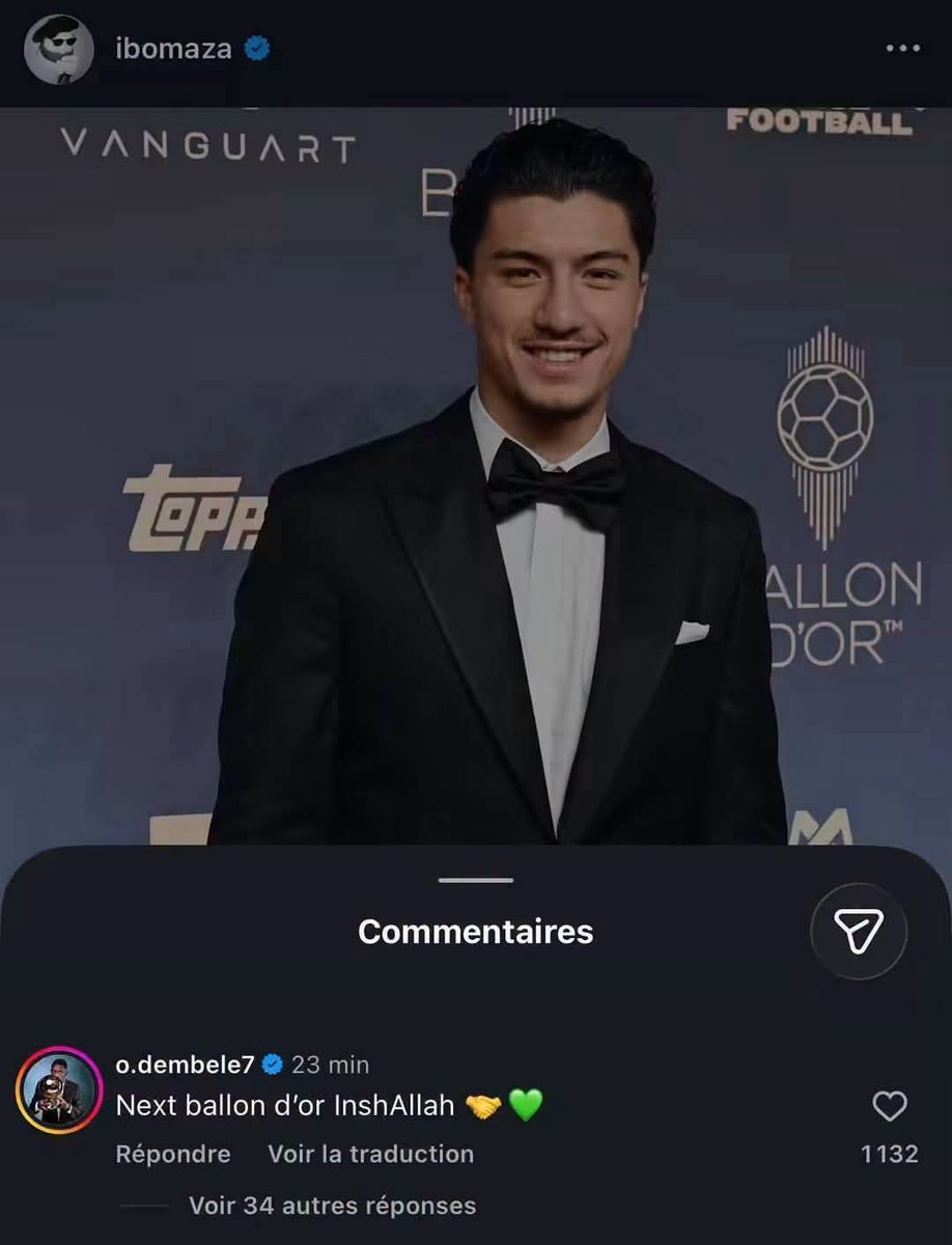 GoMano94's tweet photo. بعدما استقبل النجم عثمان ديمبيلي الشاب المتألق إبراهيم مازة في حفل الكرة الذهبية اليوم يعلّق على منشوره : الكرة الذهبية القادمة إن شاء الله 🤝💚 https://t.co/W22T4HOZFA