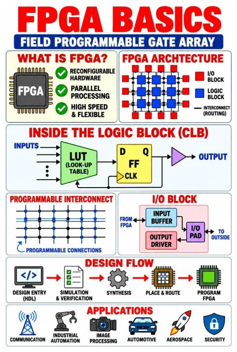 RaymingTech's tweet photo. FPGA (Field Programmable Gate Array) is a reconfigurable semiconductor device that allows engineers to create custom digital circuits after manufacturing. Unlike a conventional processor that executes instructions sequentially, an FPGA can perform multiple hardware operations simultaneously.

An FPGA contains thousands of configurable logic blocks (CLBs), programmable interconnections, and input/output blocks.

Each logic block typically contains Look-Up Tables (LUTs) and Flip-Flops (FFs). LUTs implement combinational logic functions, while flip-flops store data and support sequential operations. Programmable routing connects these blocks to form complex digital systems.

The FPGA design process begins with hardware description languages such as Verilog or VHDL. Engineers simulate the design, synthesize the logic, perform placement and routing, generate a configuration bitstream, and program the FPGA.

FPGAs are widely used in wireless communication, radar, aerospace, industrial automation, automotive electronics, image processing, and cybersecurity.

Their major advantages include parallel processing, low latency, hardware flexibility, and high-speed signal processing.