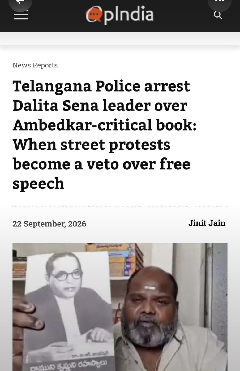 garvit_sethii's tweet photo. It’s sad to see a dalit man getting arrested just because he don’t agree with Ambedkar.
You can abuse Gandhi, Nehru say and night and nobody will touch you but if you even criticise Ambedkar even if you are dalit, you get arrested. 

What kind of India are we building? https://t.co/cc0TWhTk0V